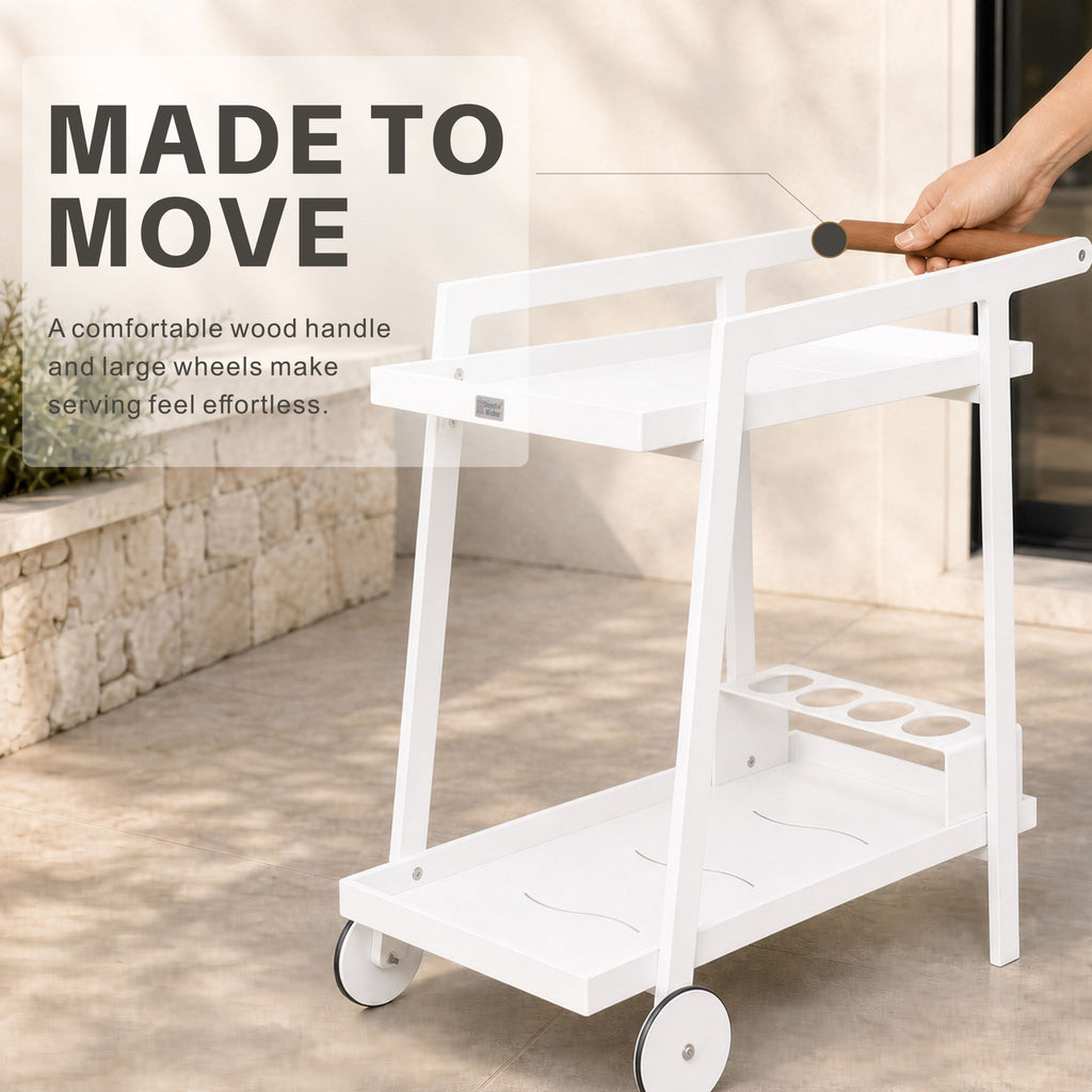 Modern Aluminum Outdoor Serving Cart with Teak Wood Handle, 2-Tier Patio Bar Cart for Garden, Poolside & Entertaining - Direct Wicker