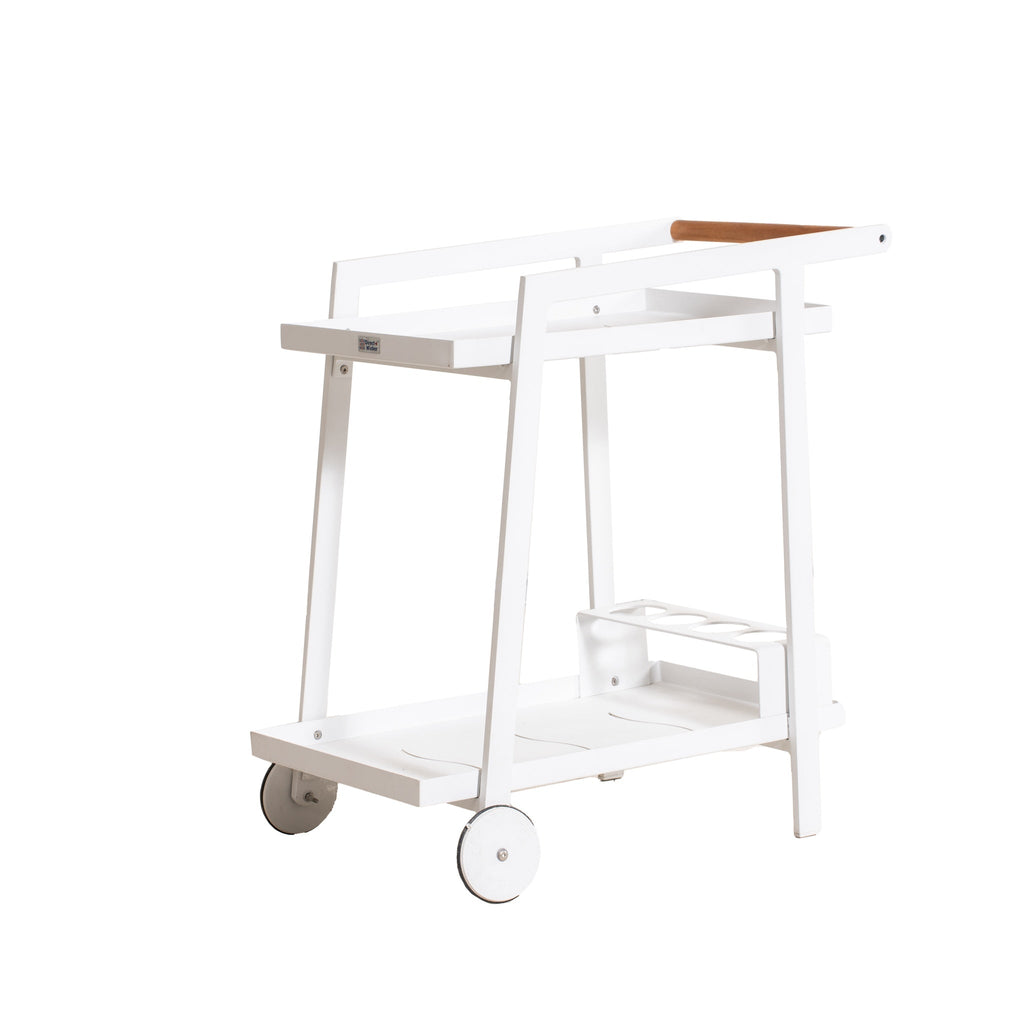 Modern Aluminum Outdoor Serving Cart with Teak Wood Handle, 2-Tier Patio Bar Cart for Garden, Poolside & Entertaining - Direct Wicker