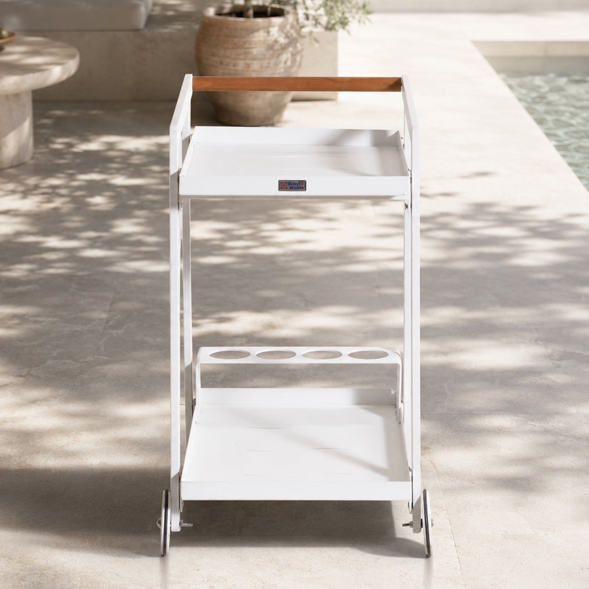 Modern Aluminum Outdoor Serving Cart with Teak Wood Handle, 2-Tier Patio Bar Cart for Garden, Poolside & Entertaining - Direct Wicker
