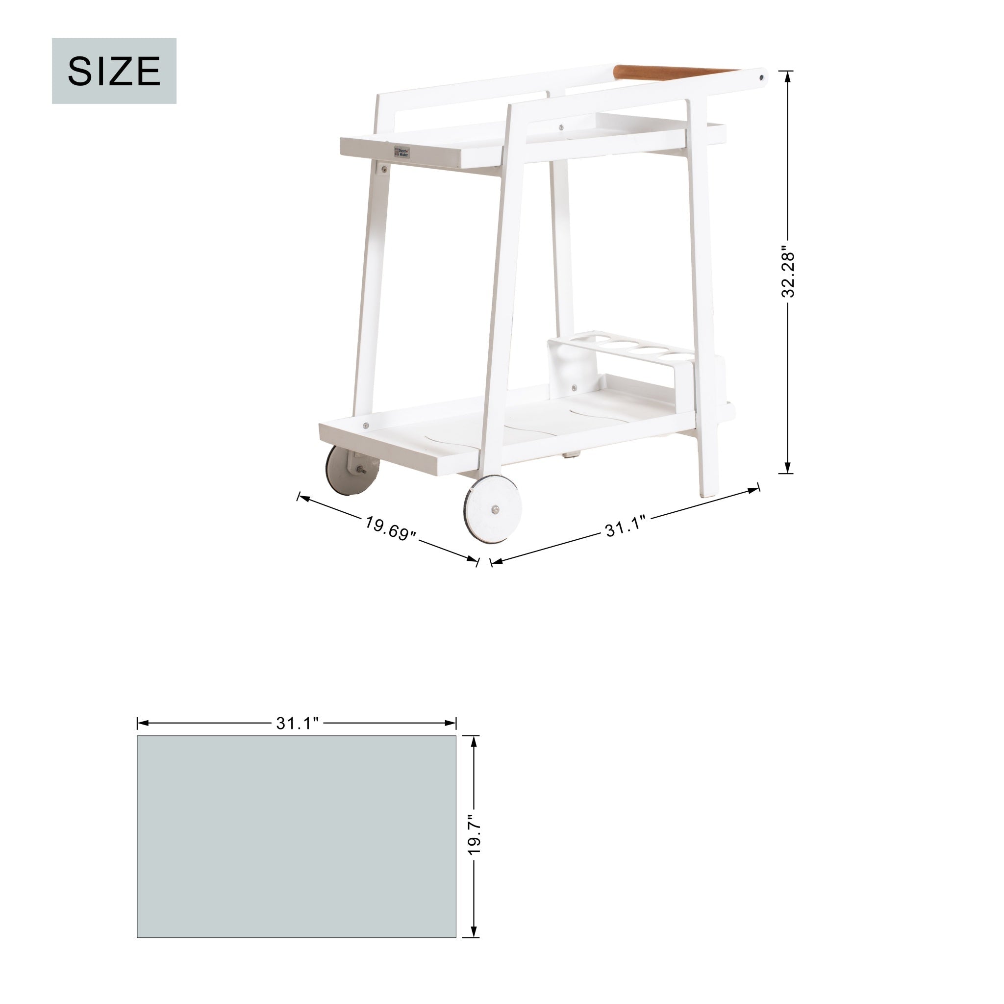 Modern Aluminum Outdoor Serving Cart with Teak Wood Handle, 2-Tier Patio Bar Cart for Garden, Poolside & Entertaining - Direct Wicker