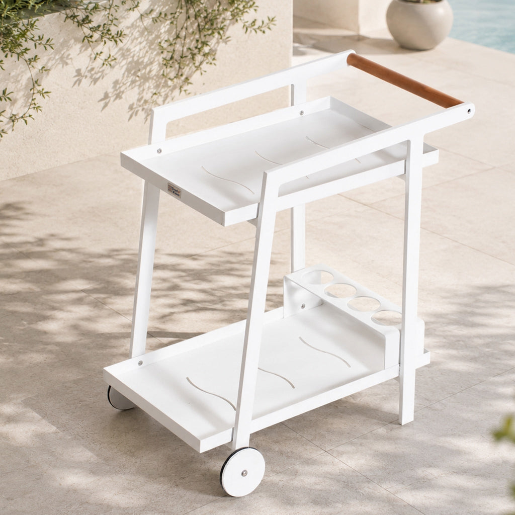 Modern Aluminum Outdoor Serving Cart with Teak Wood Handle, 2-Tier Patio Bar Cart for Garden, Poolside & Entertaining - Direct Wicker