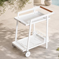Modern Aluminum Outdoor Serving Cart with Teak Wood Handle, 2-Tier Patio Bar Cart for Garden, Poolside & Entertaining - Direct Wicker