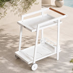 Modern Aluminum Outdoor Serving Cart with Teak Wood Handle, 2-Tier Patio Bar Cart for Garden, Poolside & Entertaining - Direct Wicker