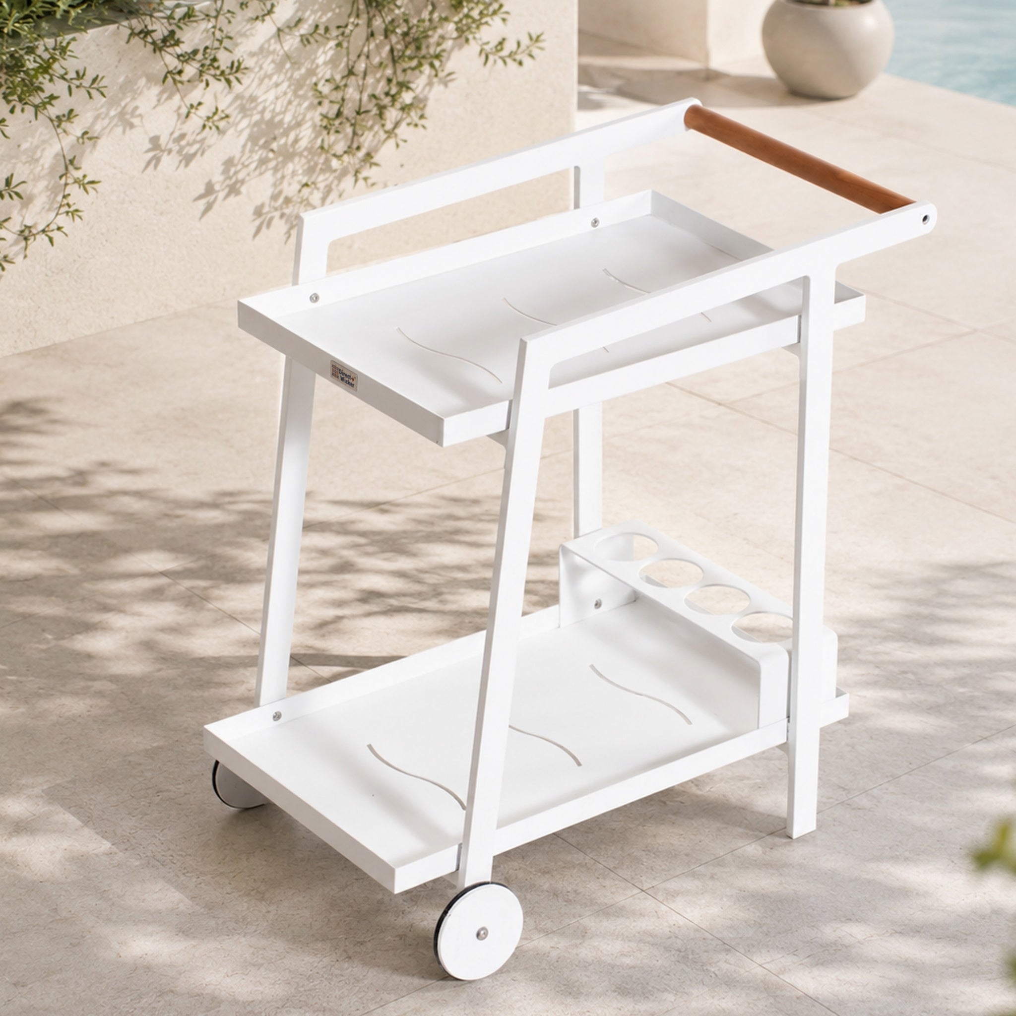 Modern Aluminum Outdoor Serving Cart with Teak Wood Handle, 2-Tier Patio Bar Cart for Garden, Poolside & Entertaining - Direct Wicker