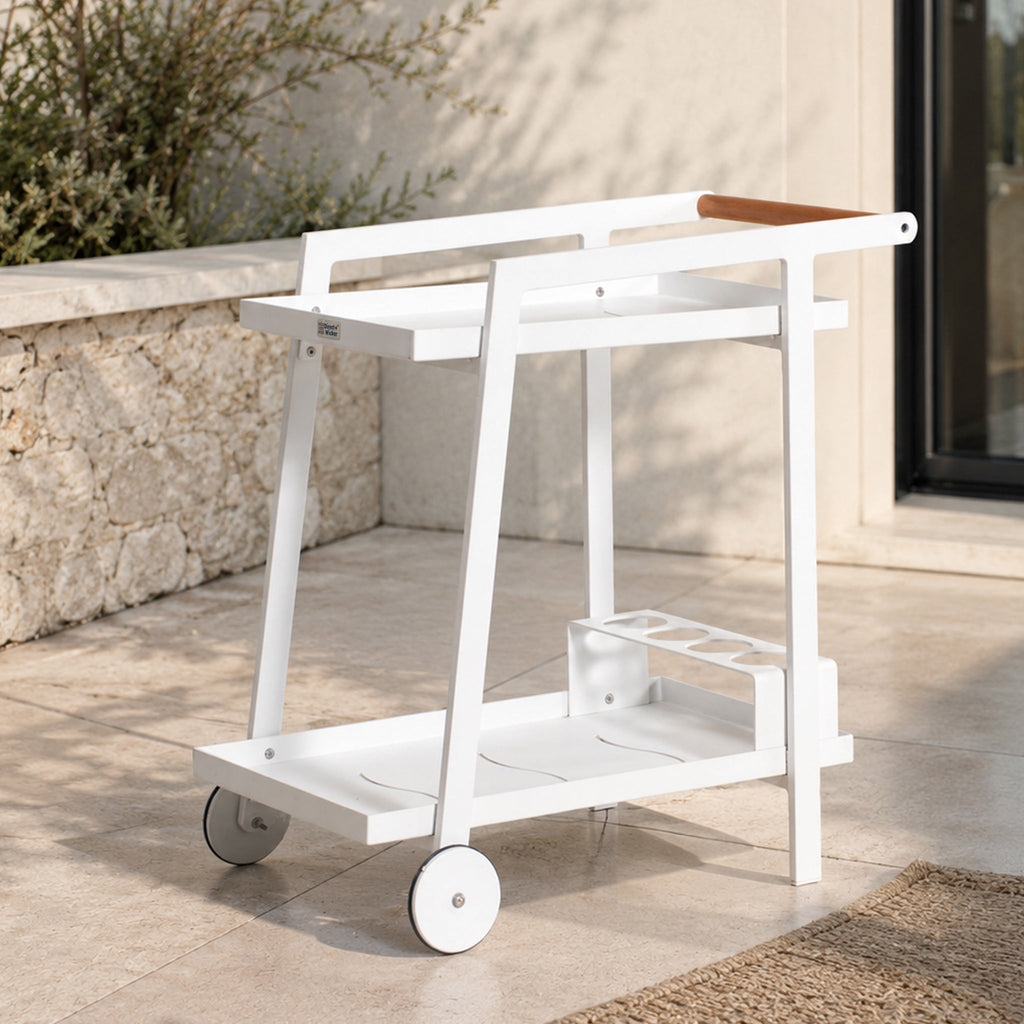 Modern Aluminum Outdoor Serving Cart with Teak Wood Handle, 2-Tier Patio Bar Cart for Garden, Poolside & Entertaining - Direct Wicker