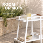 Modern Aluminum Outdoor Serving Cart with Teak Wood Handle, 2-Tier Patio Bar Cart for Garden, Poolside & Entertaining - Direct Wicker