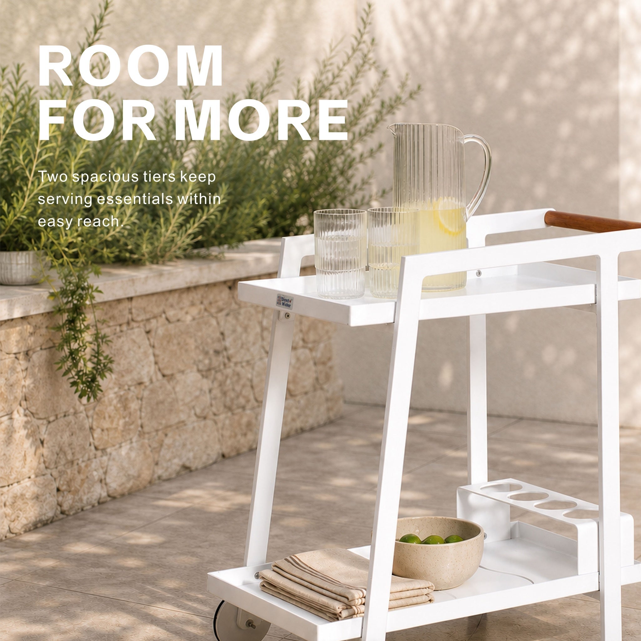 Modern Aluminum Outdoor Serving Cart with Teak Wood Handle, 2-Tier Patio Bar Cart for Garden, Poolside & Entertaining - Direct Wicker