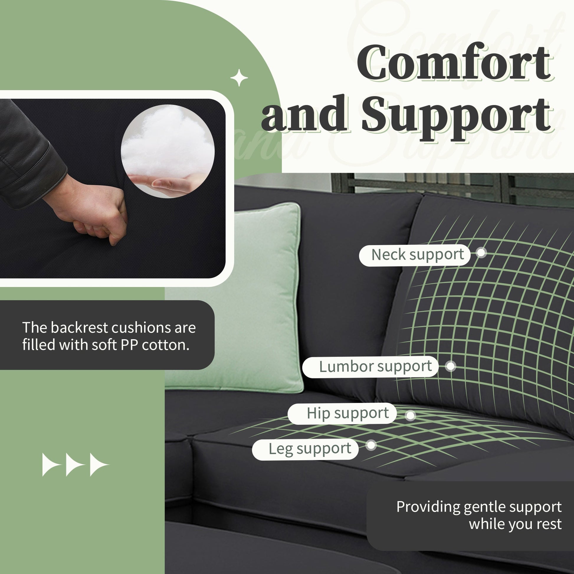 Modern Black L Shape Fabric Sectional Sofa with Ottoman and Pillows (GS009012AAB) - Direct Wicker