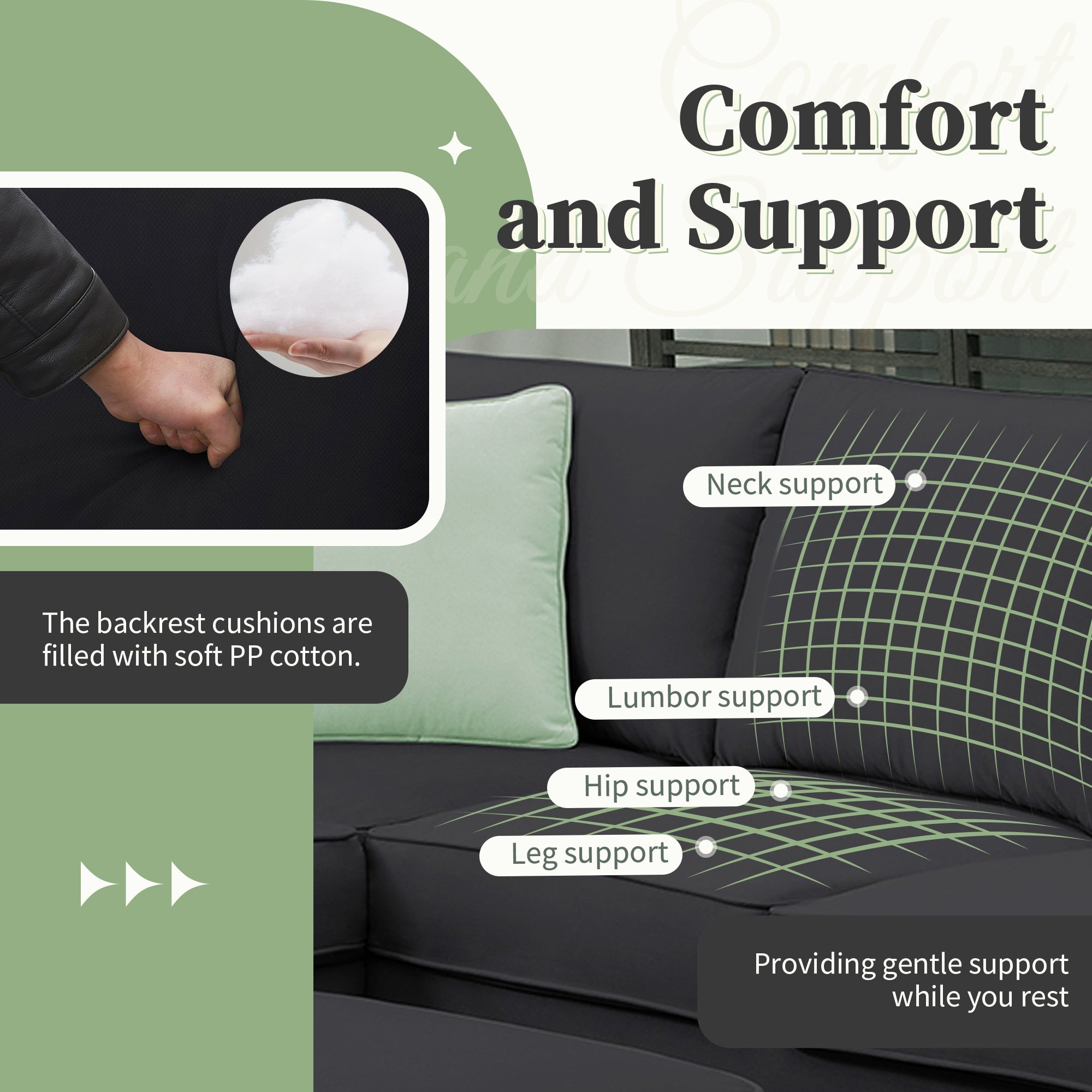 Modern Black L Shape Fabric Sectional Sofa with Ottoman and Pillows (GS009012AAB) - Direct Wicker