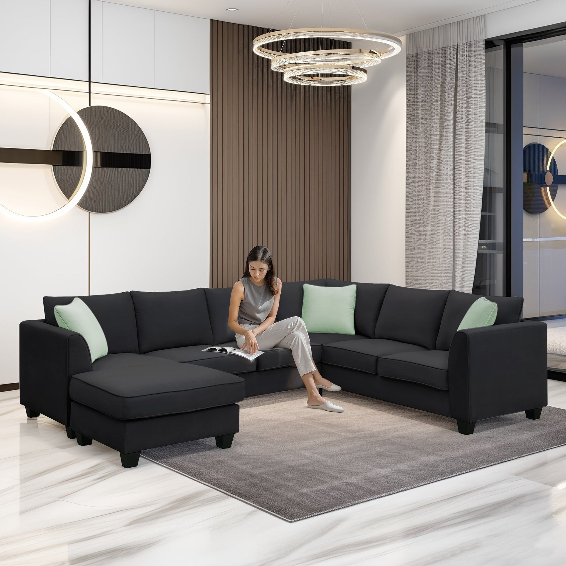 Modern Black L Shape Fabric Sectional Sofa with Ottoman and Pillows (GS009012AAB) - Direct Wicker