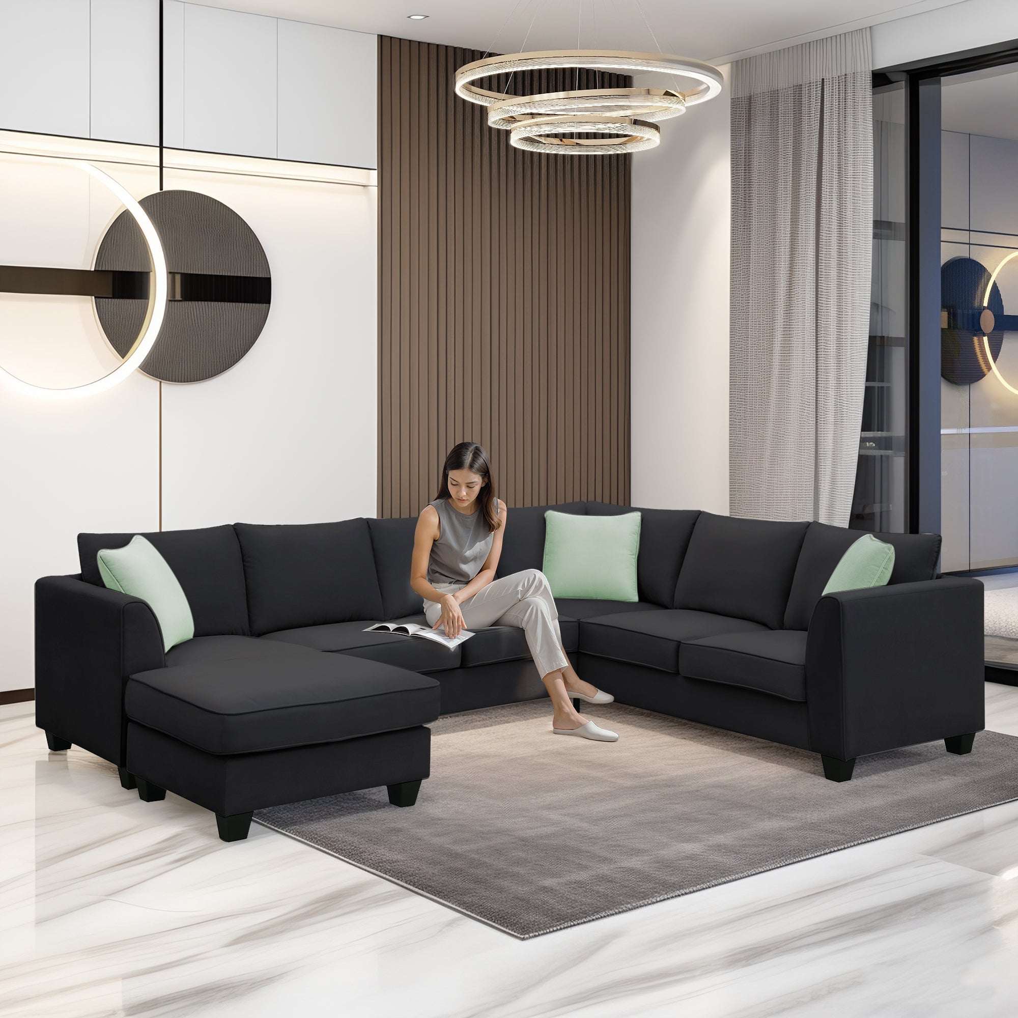 Modern Black L Shape Fabric Sectional Sofa with Ottoman and Pillows (GS009012AAB) - Direct Wicker