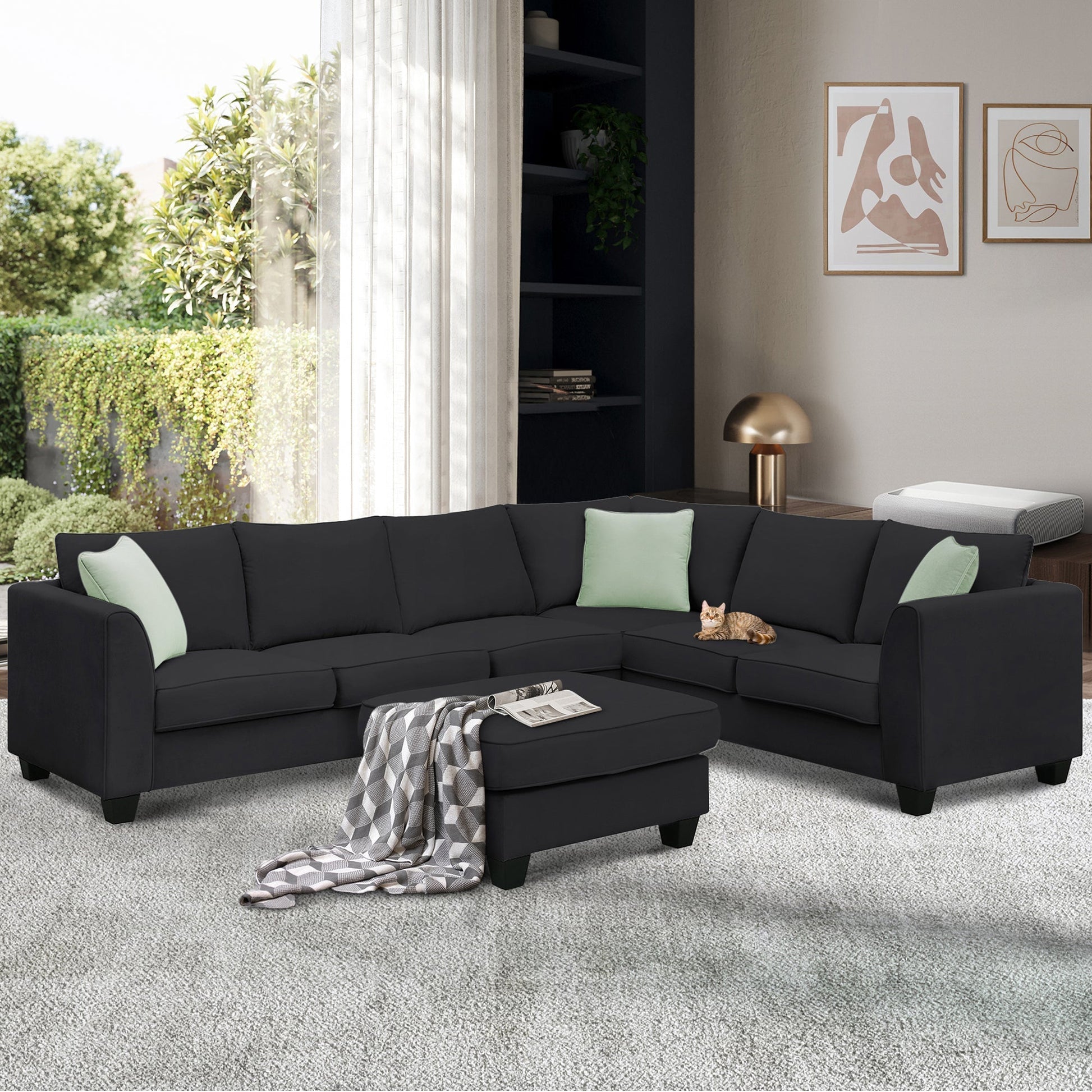 Modern Black L Shape Fabric Sectional Sofa with Ottoman and Pillows (GS009012AAB) - Direct Wicker