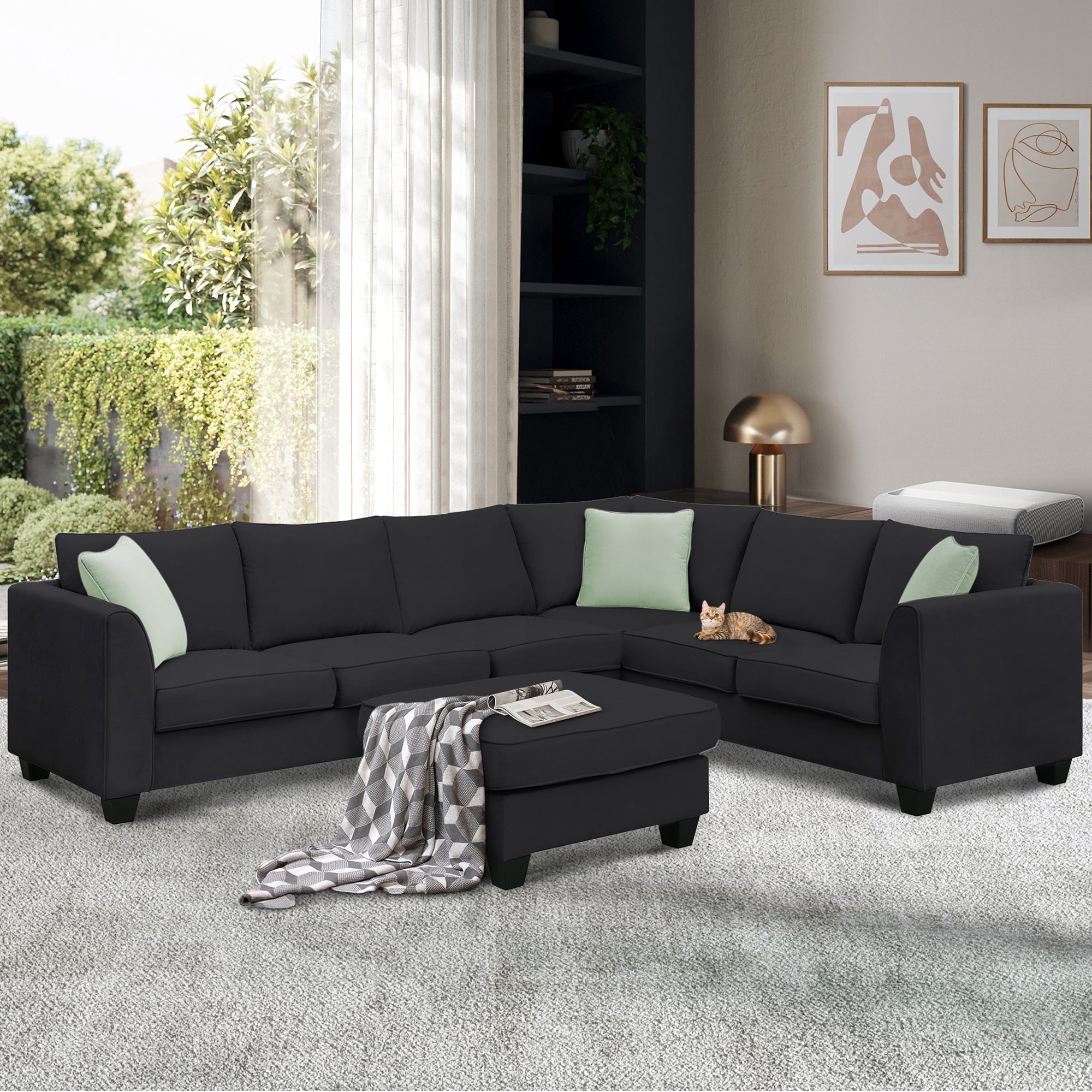 Modern Black L Shape Fabric Sectional Sofa with Ottoman and Pillows (GS009012AAB) - Direct Wicker