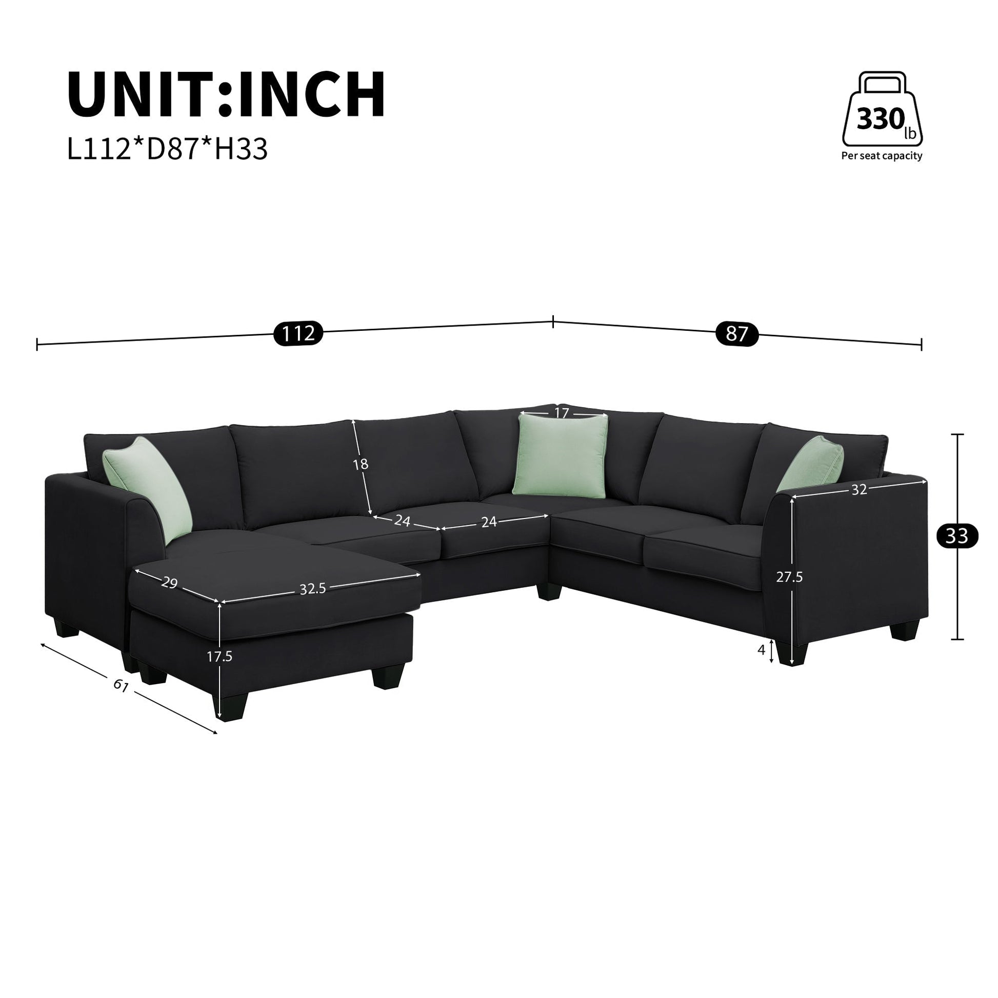 Modern Black L Shape Fabric Sectional Sofa with Ottoman and Pillows (GS009012AAB) - Direct Wicker