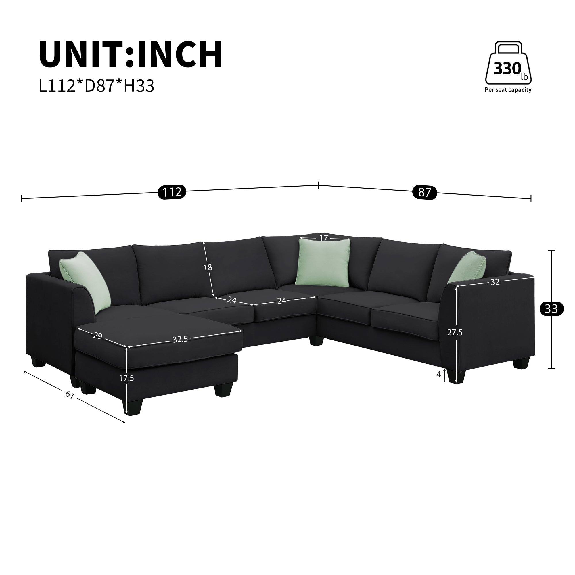 Modern Black L Shape Fabric Sectional Sofa with Ottoman and Pillows (GS009012AAB) - Direct Wicker