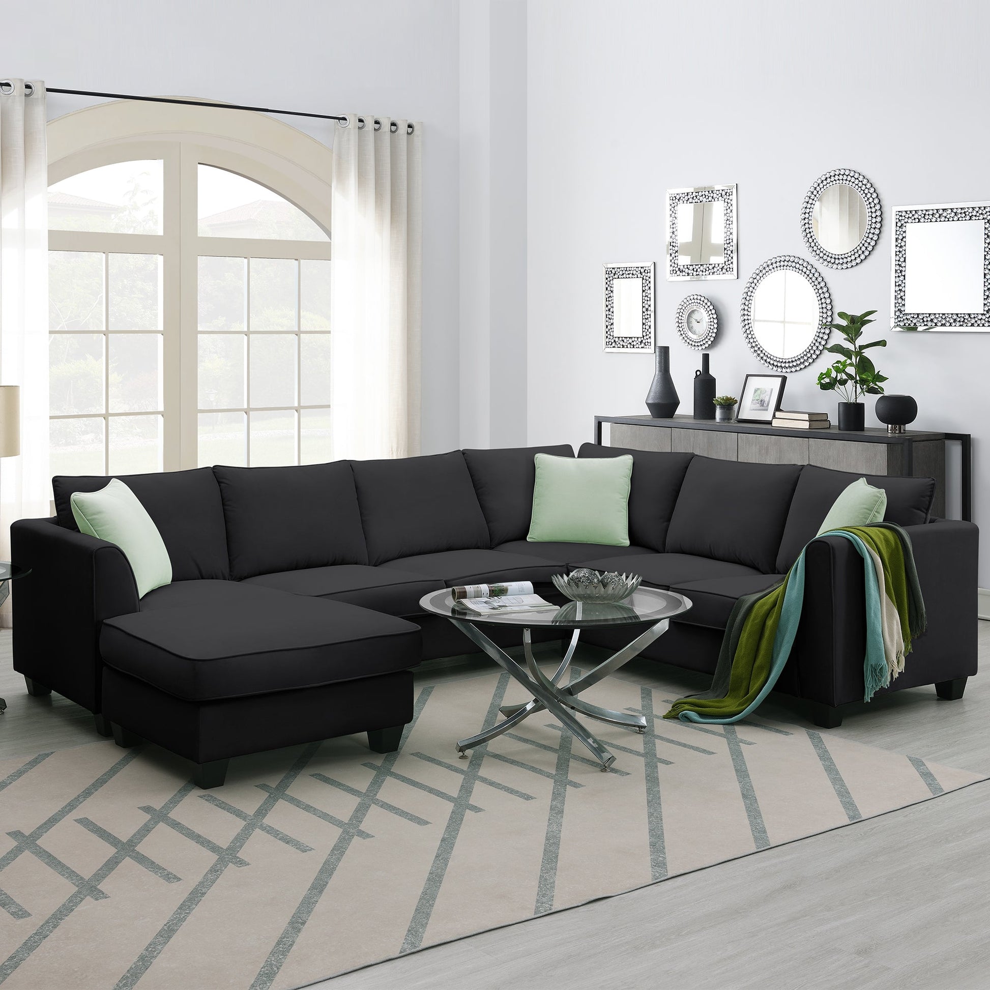 Modern Black L Shape Fabric Sectional Sofa with Ottoman and Pillows (GS009012AAB) - Direct Wicker