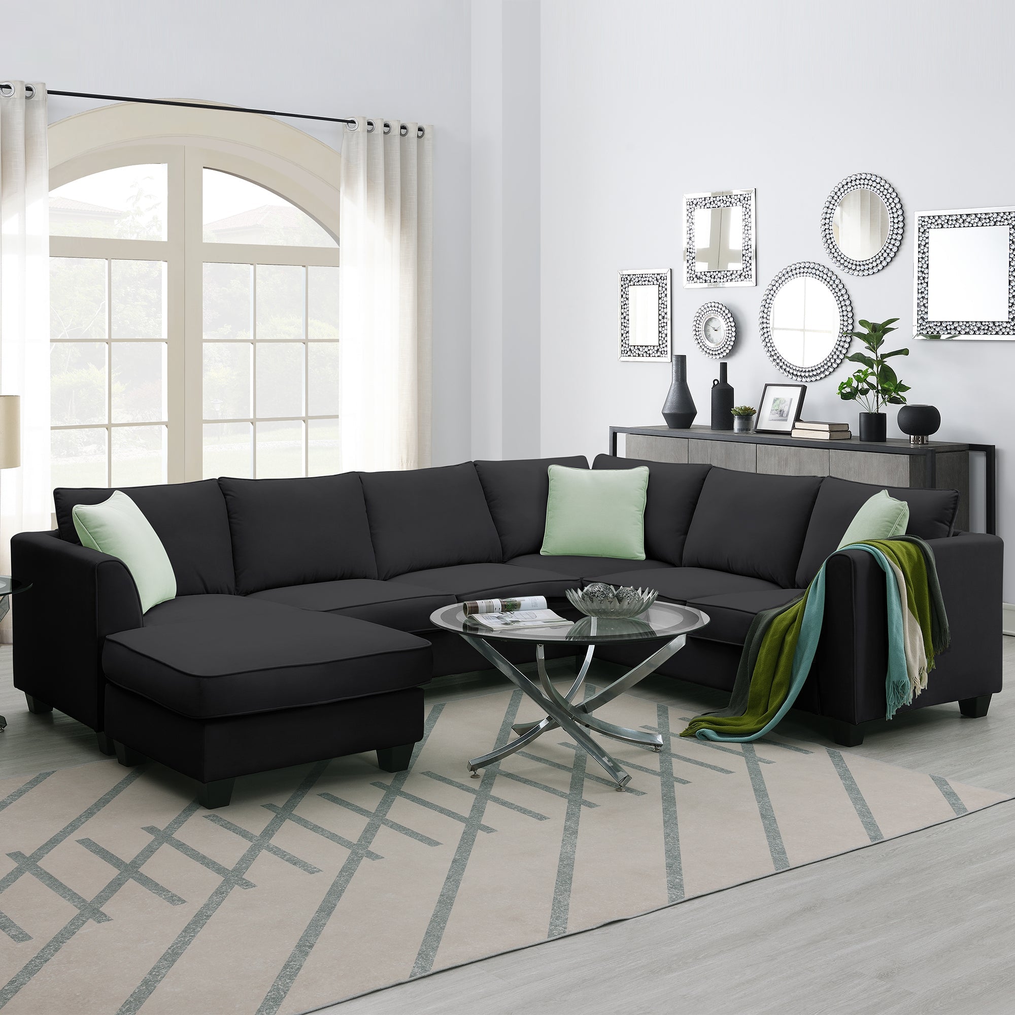 Modern Black L Shape Fabric Sectional Sofa with Ottoman and Pillows (GS009012AAB) - Direct Wicker