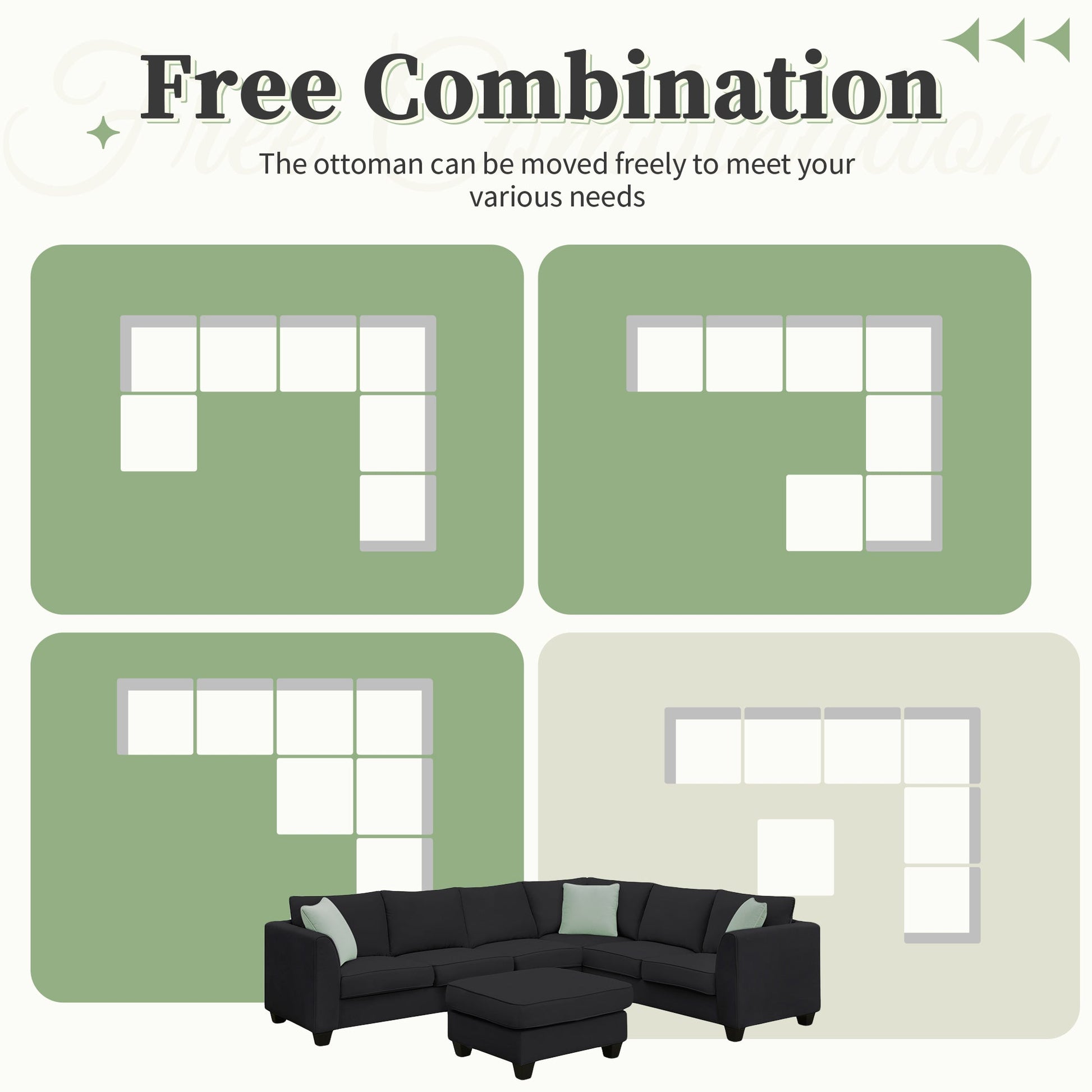 Modern Black L Shape Fabric Sectional Sofa with Ottoman and Pillows (GS009012AAB) - Direct Wicker