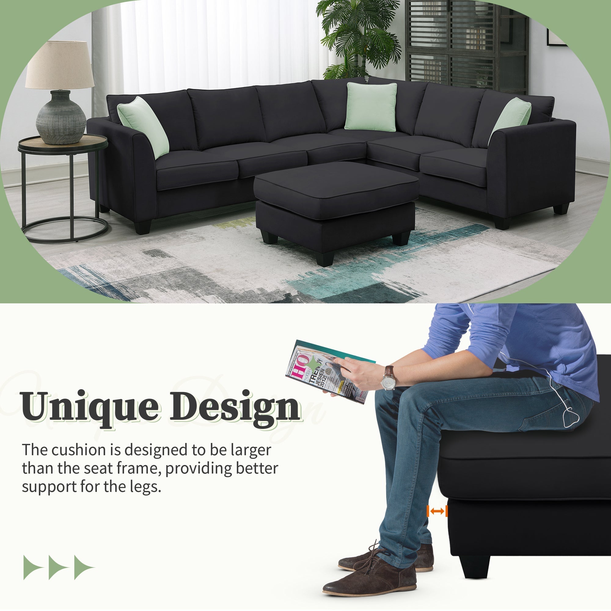 Modern Black L Shape Fabric Sectional Sofa with Ottoman and Pillows (GS009012AAB) - Direct Wicker