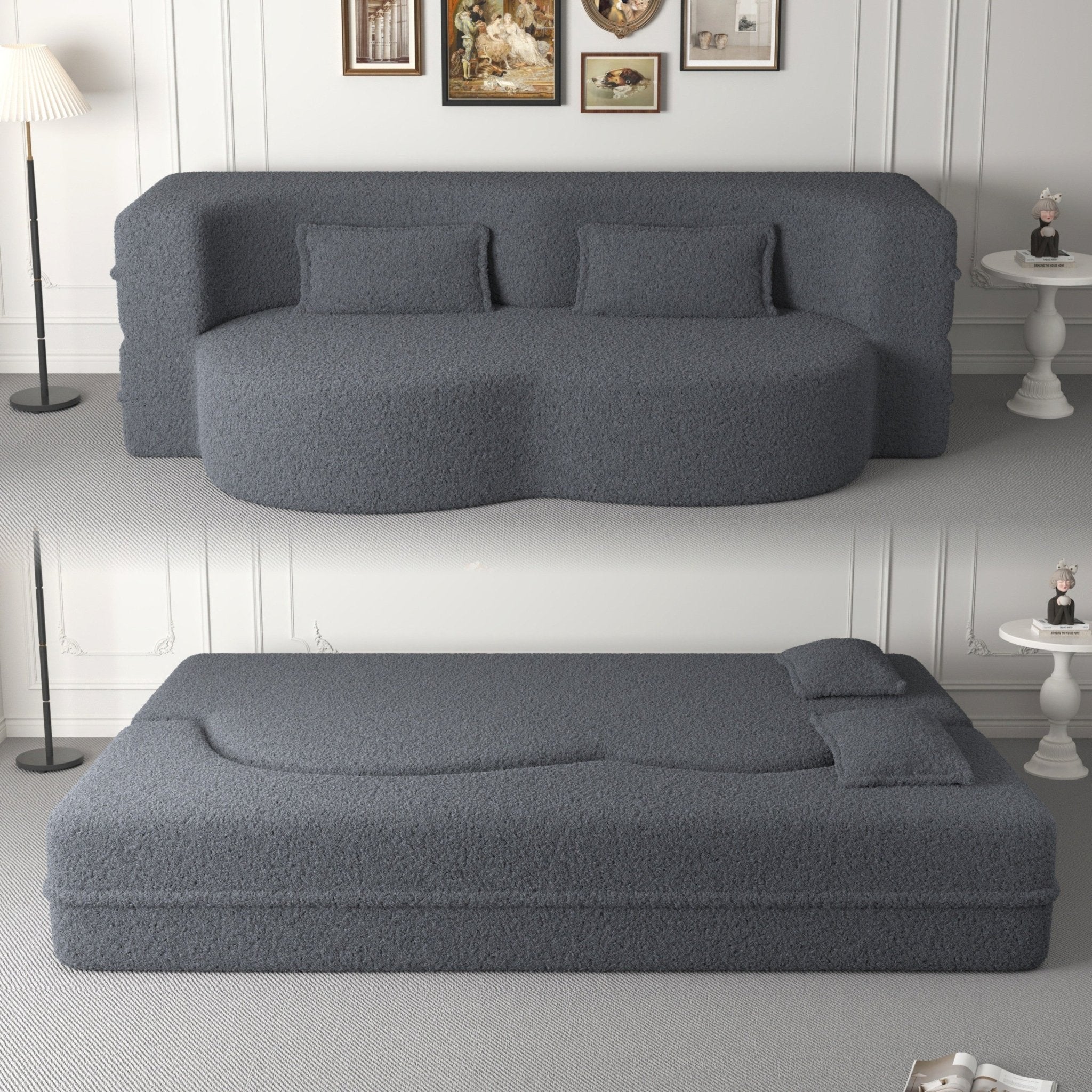 Modern Floor Sofa, with 2 Pillows, Convertible Teddy Fabric Foam Filled Bed (W1885P272261) - Direct Wicker