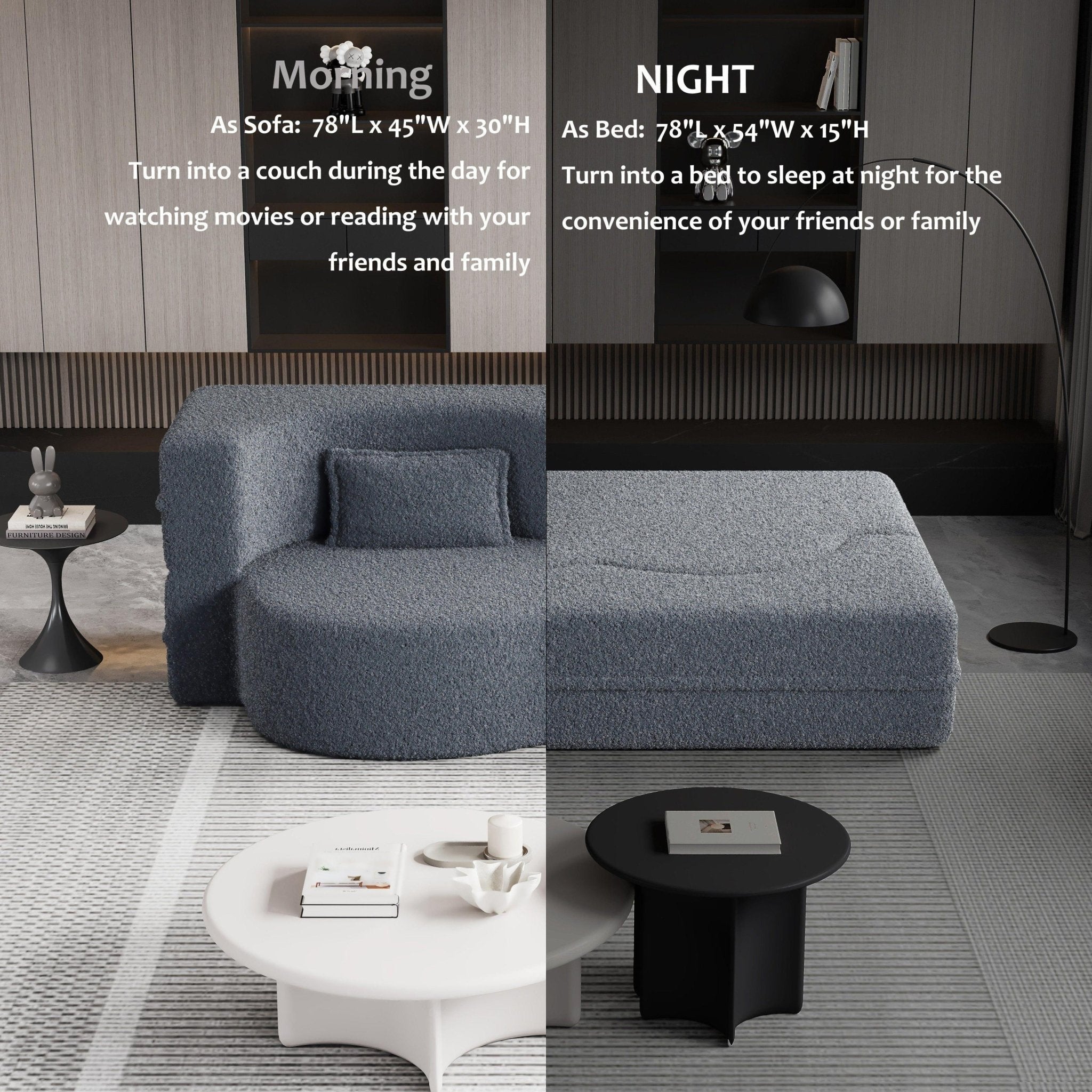 Modern Floor Sofa, with 2 Pillows, Convertible Teddy Fabric Foam Filled Bed (W1885P272261) - Direct Wicker