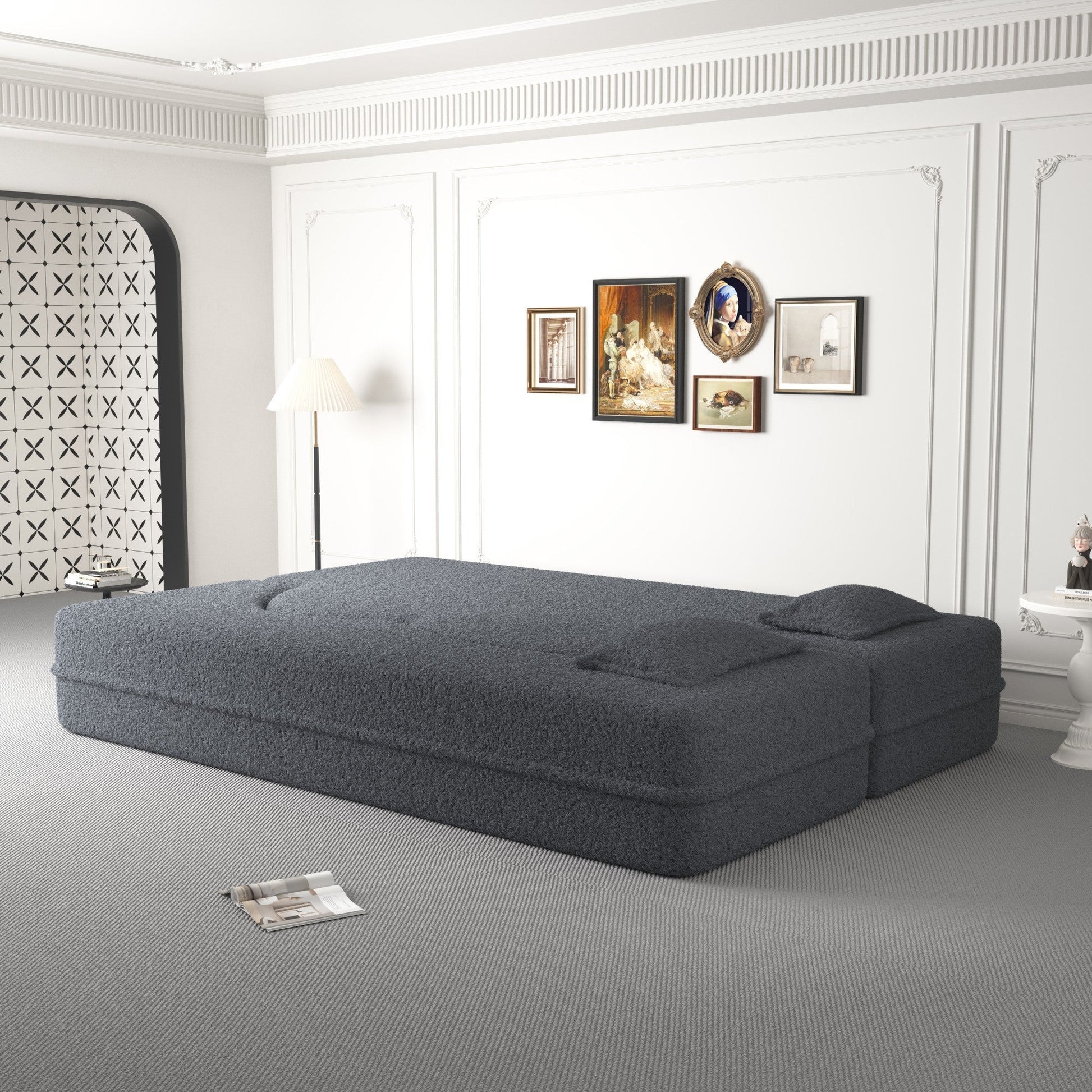Modern Floor Sofa, with 2 Pillows, Convertible Teddy Fabric Foam Filled Bed (W1885P272261) - Direct Wicker