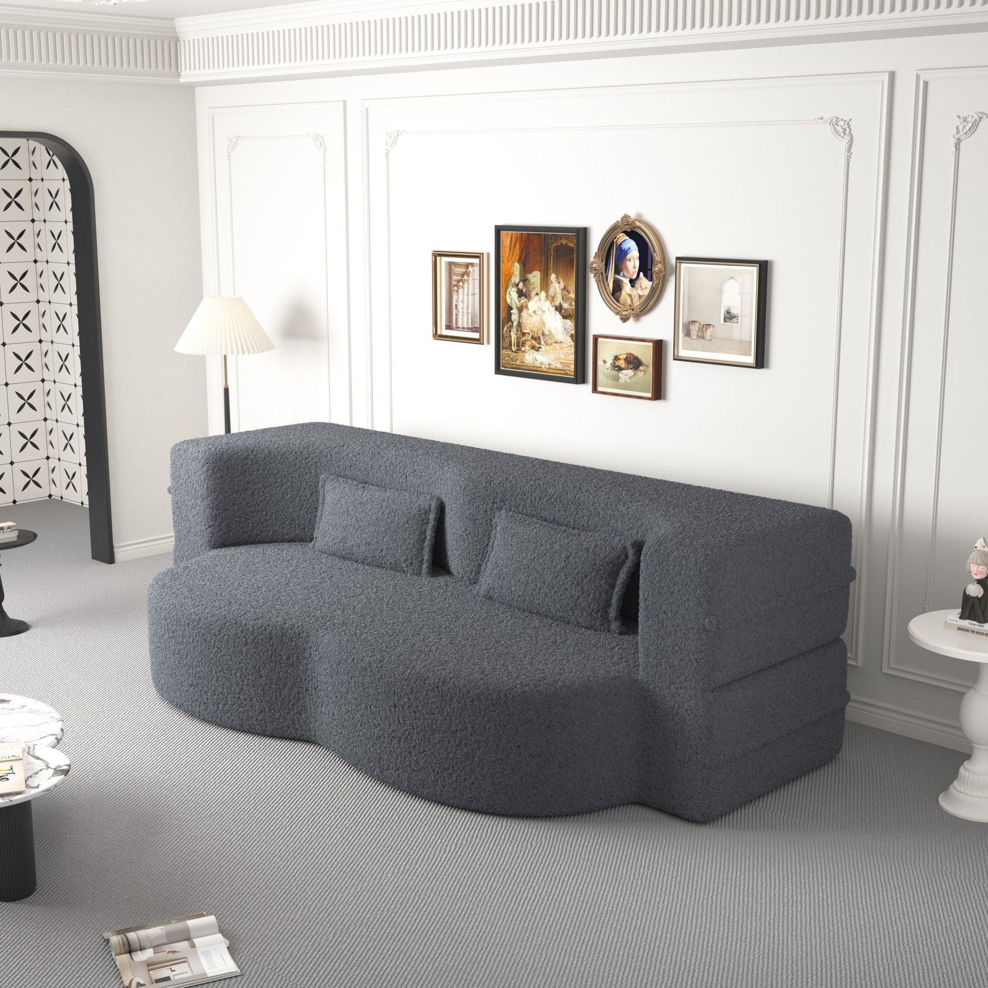 Modern Floor Sofa, with 2 Pillows, Convertible Teddy Fabric Foam Filled Bed (W1885P272261) - Direct Wicker