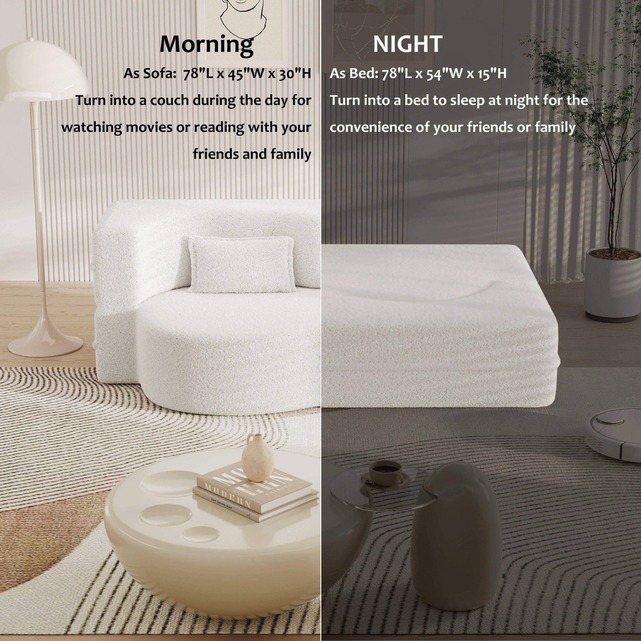 Modern Floor Sofa with 2 Pillows, Convertible Teddy Fabric Foam Filled Sleeper Sofa Bed (W1885P272259) - Direct Wicker