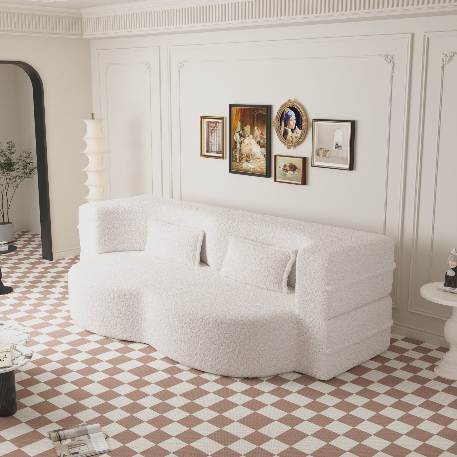 Modern Floor Sofa with 2 Pillows, Convertible Teddy Fabric Foam Filled Sleeper Sofa Bed (W1885P272259) - Direct Wicker