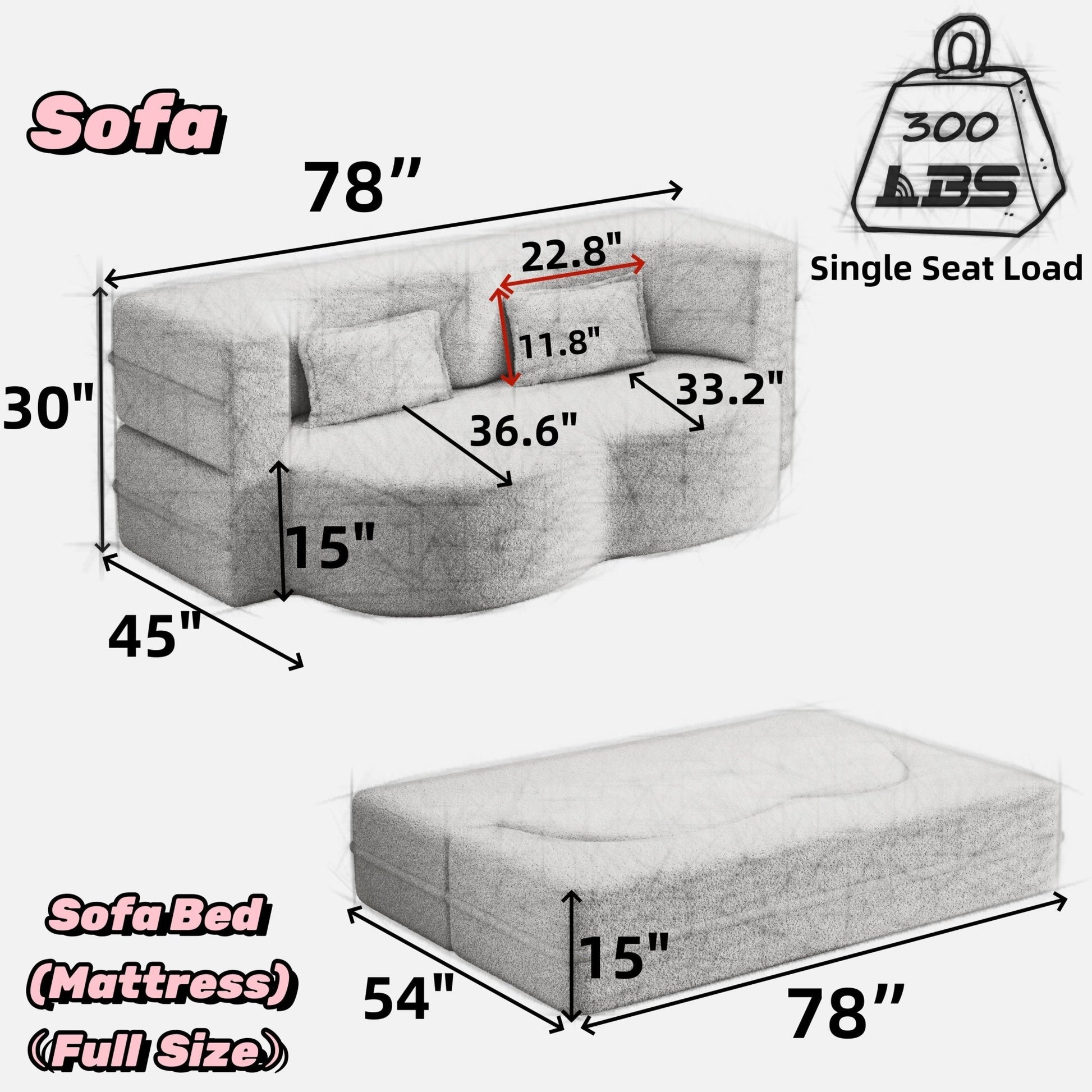 Modern Floor Sofa with 2 Pillows, Convertible Teddy Fabric Foam Filled Sleeper Sofa Bed (W1885P272259) - Direct Wicker
