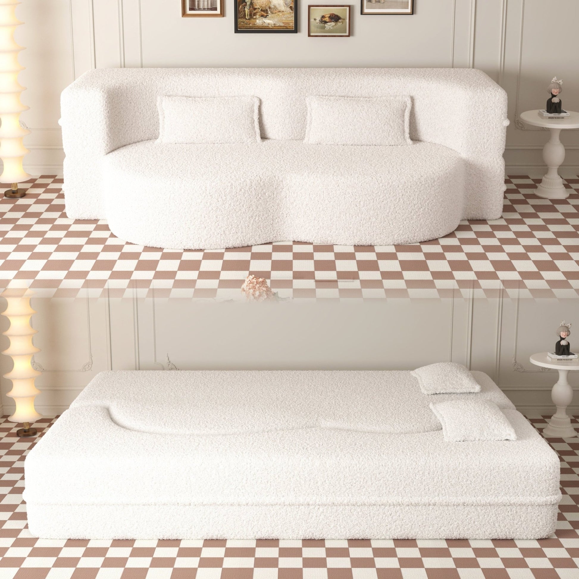 Modern Floor Sofa with 2 Pillows, Convertible Teddy Fabric Foam Filled Sleeper Sofa Bed (W1885P272259) - Direct Wicker