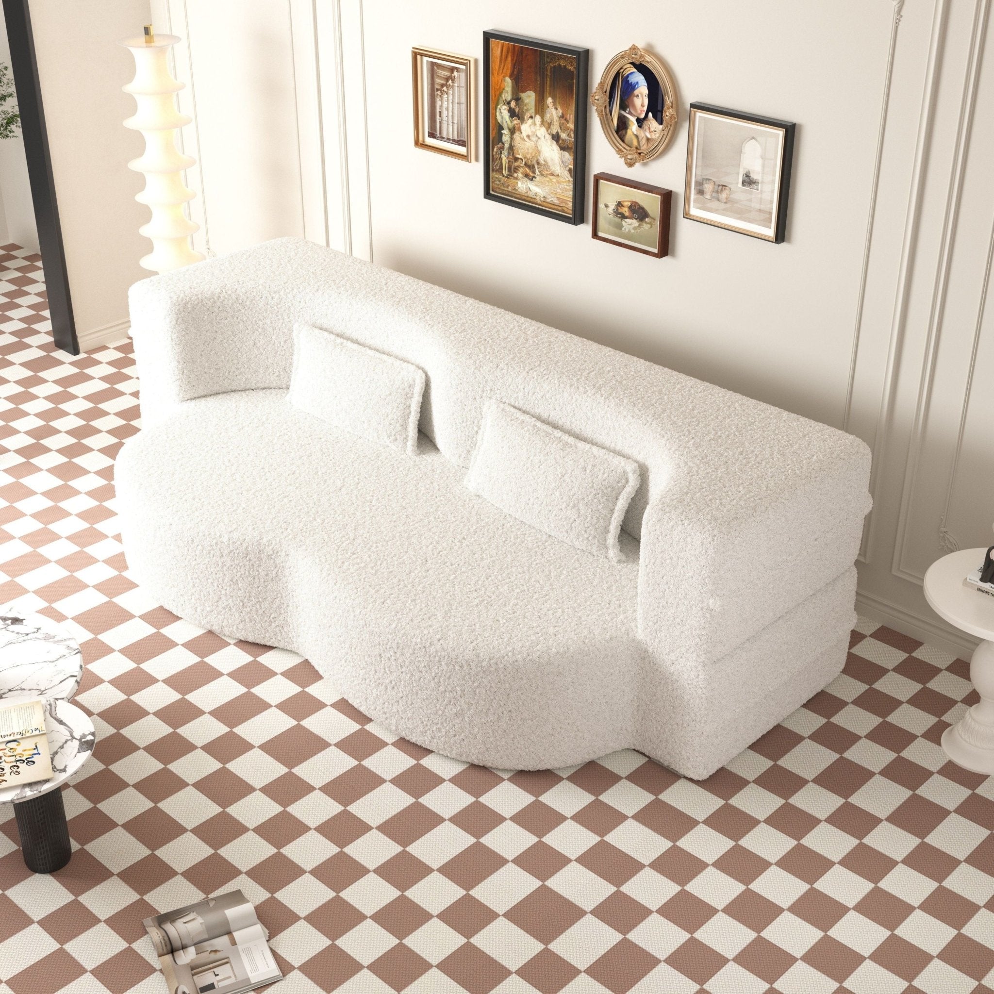 Modern Floor Sofa with 2 Pillows, Convertible Teddy Fabric Foam Filled Sleeper Sofa Bed (W1885P272259) - Direct Wicker