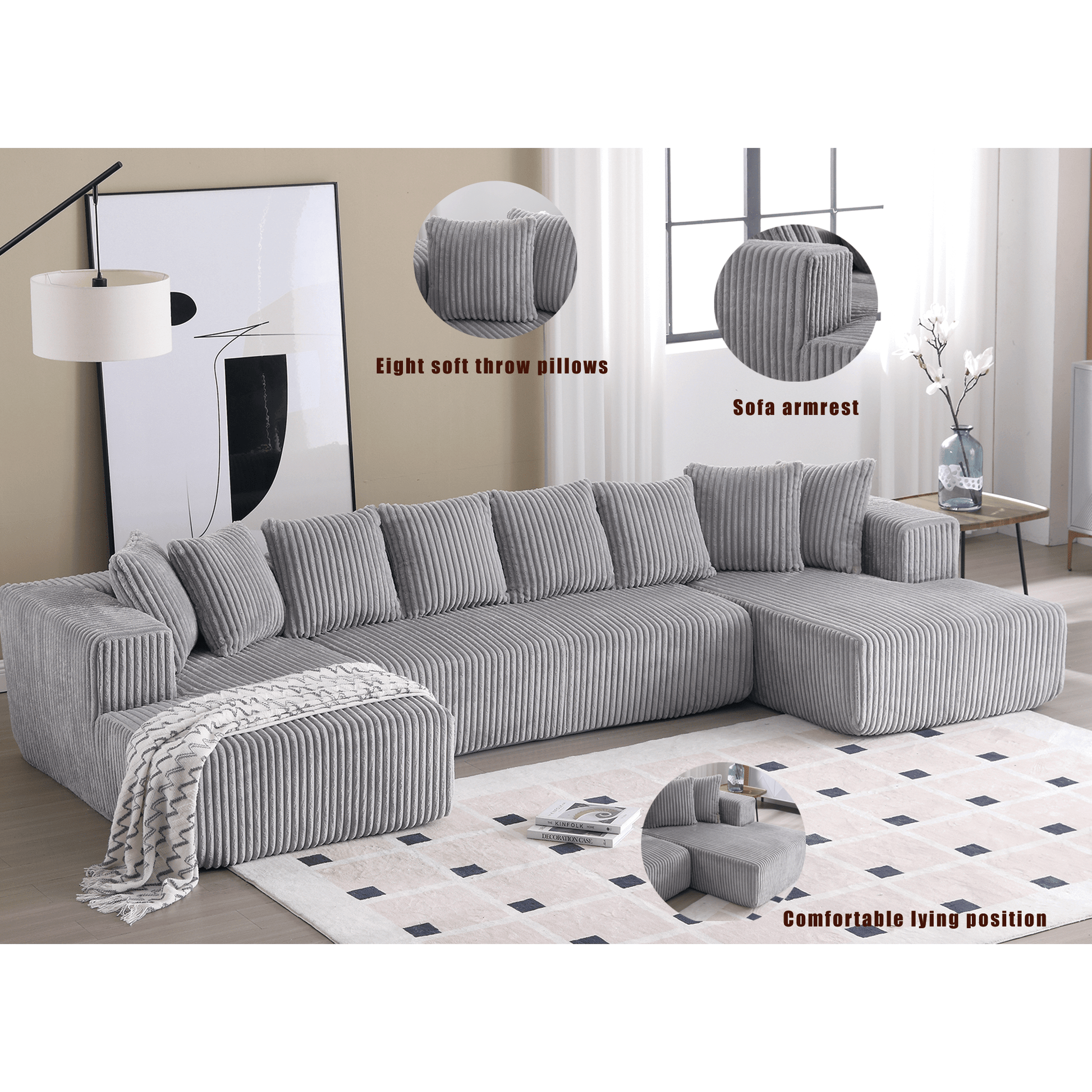 Modular Sectional Couch, U - shaped sofa, Chaise Lounge, Striped fabric (W2981S00010) - Direct Wicker