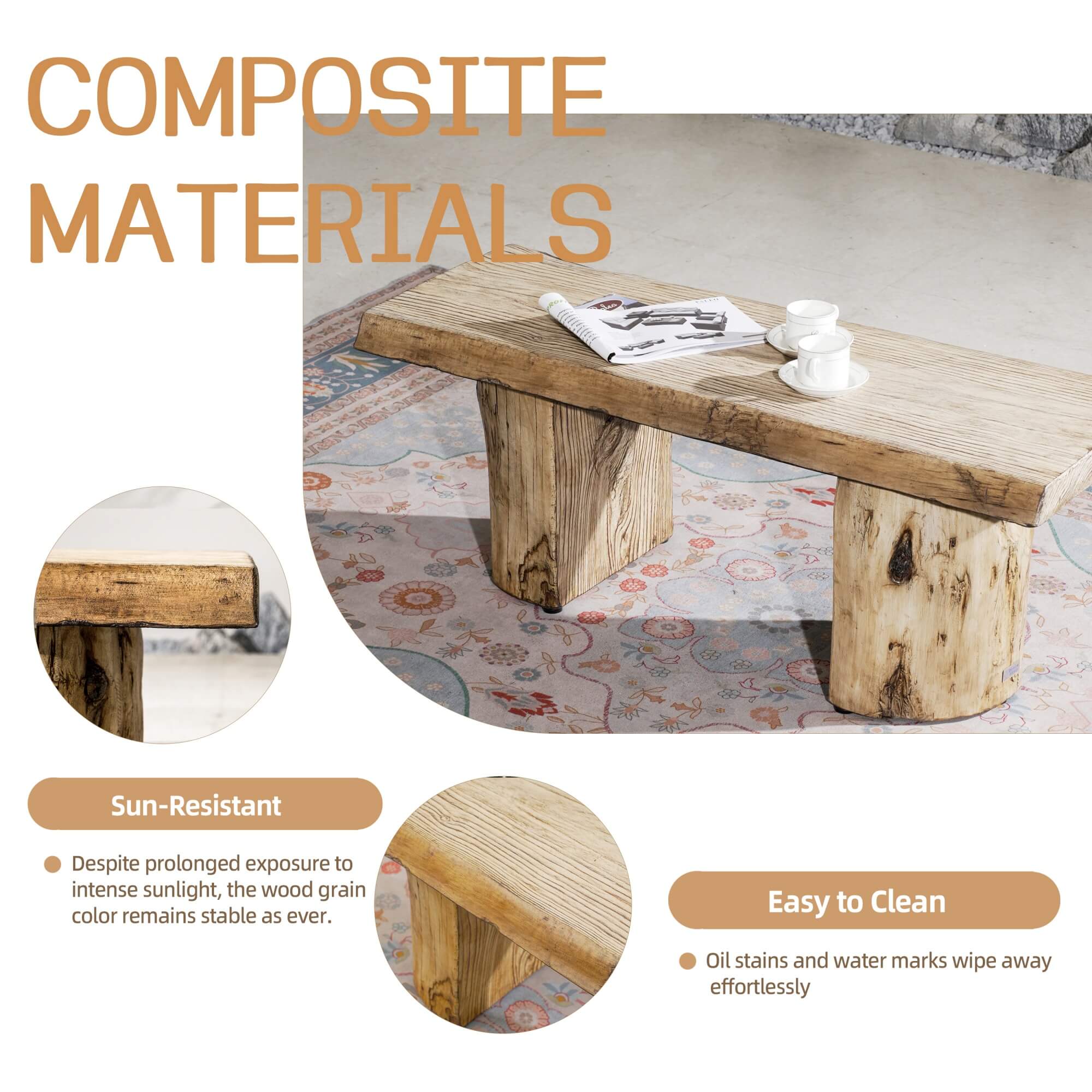 Natural Wood Coffee Table – Terrafab Composite Material with Iron Frame（PAD - 24927TA） - Direct Wicker