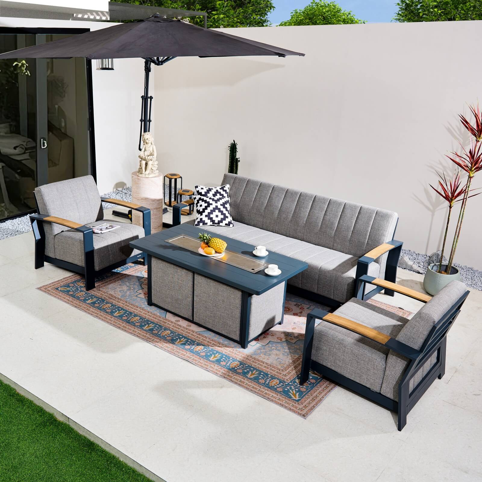 Numa - Style Lunar 5 - Seater Sofa Set with Gas Firepit Table with Teak Accents - Direct Wicker