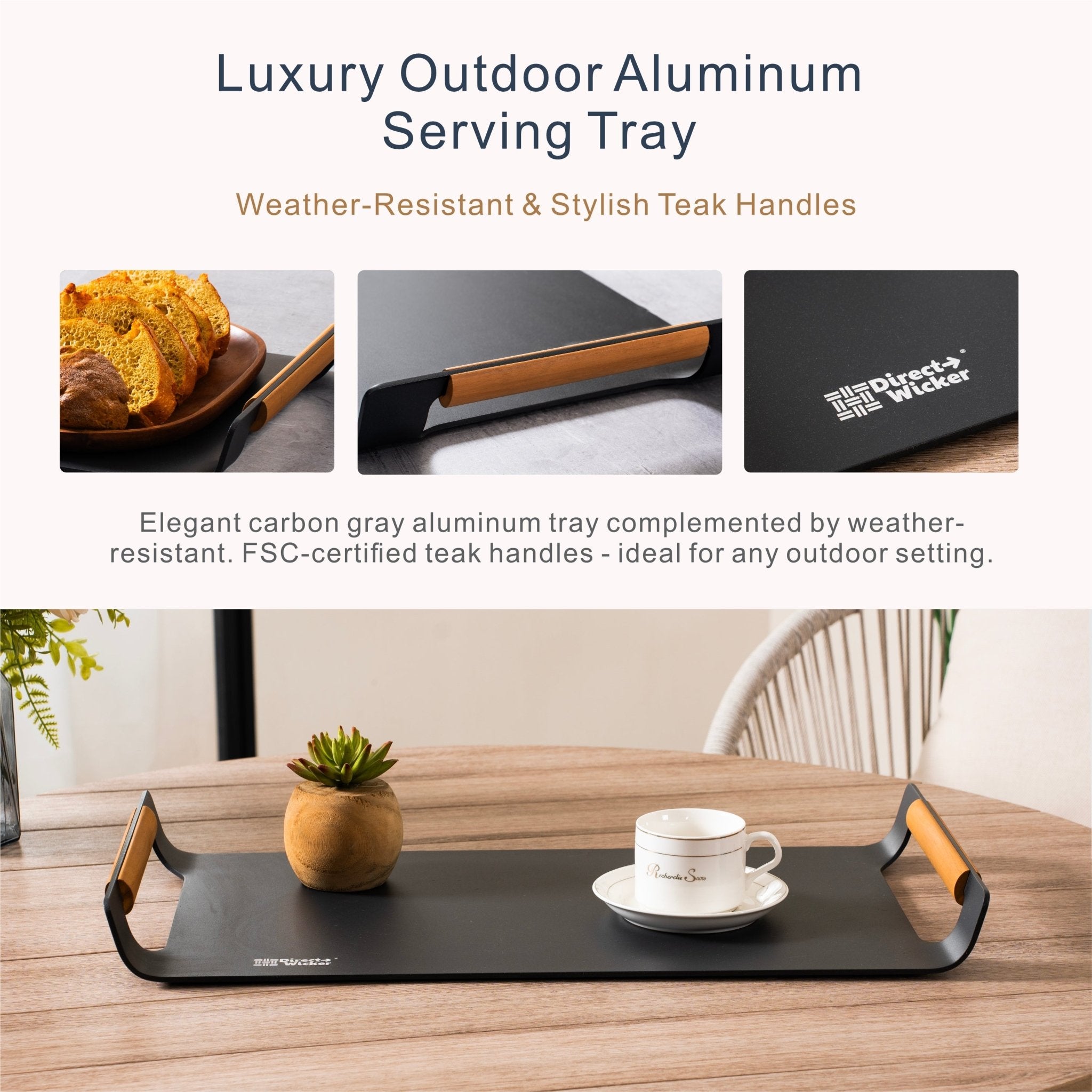 Outdoor Aluminium Serving Tray with Teak Handles - Direct Wicker