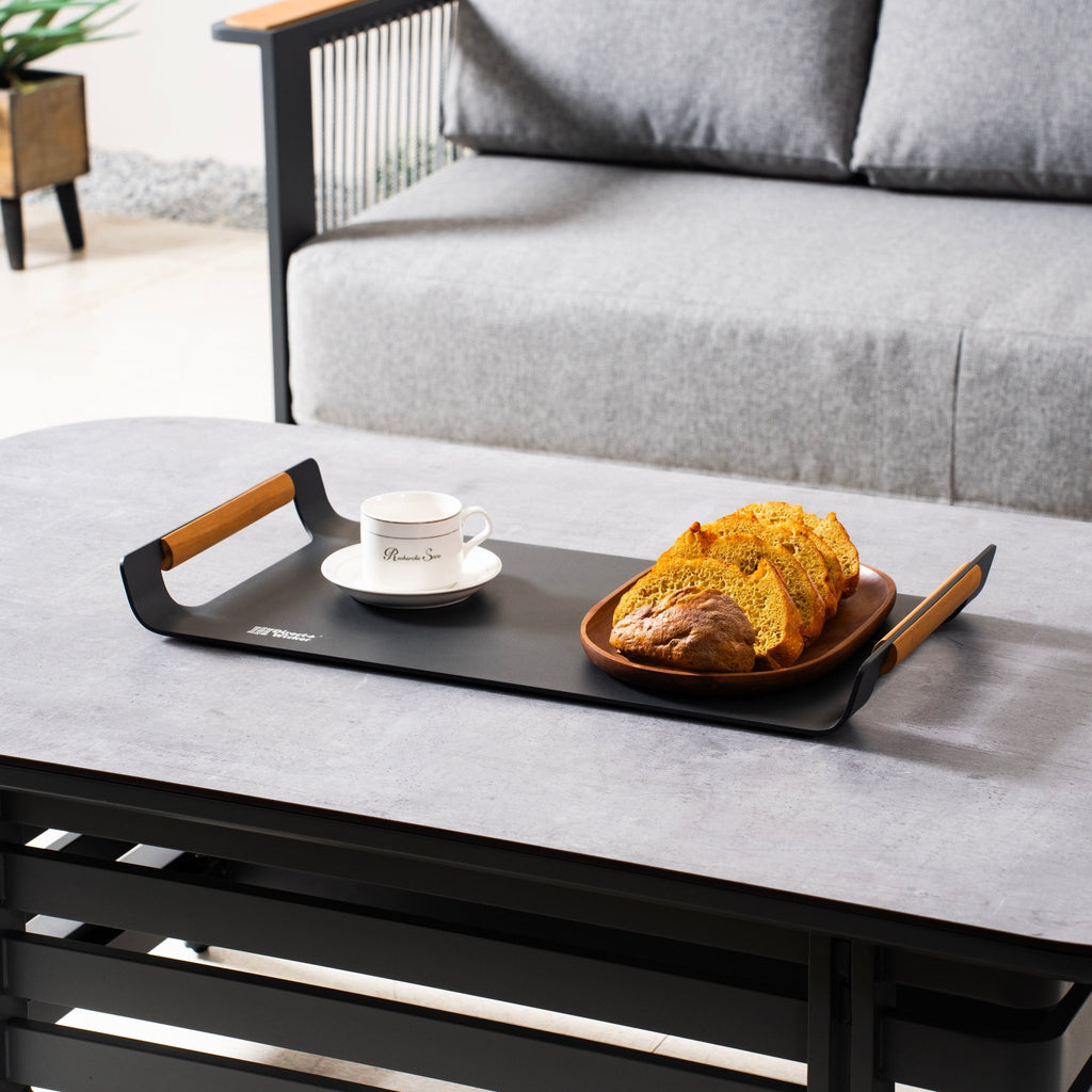 Outdoor Aluminium Serving Tray with Teak Handles - Direct Wicker