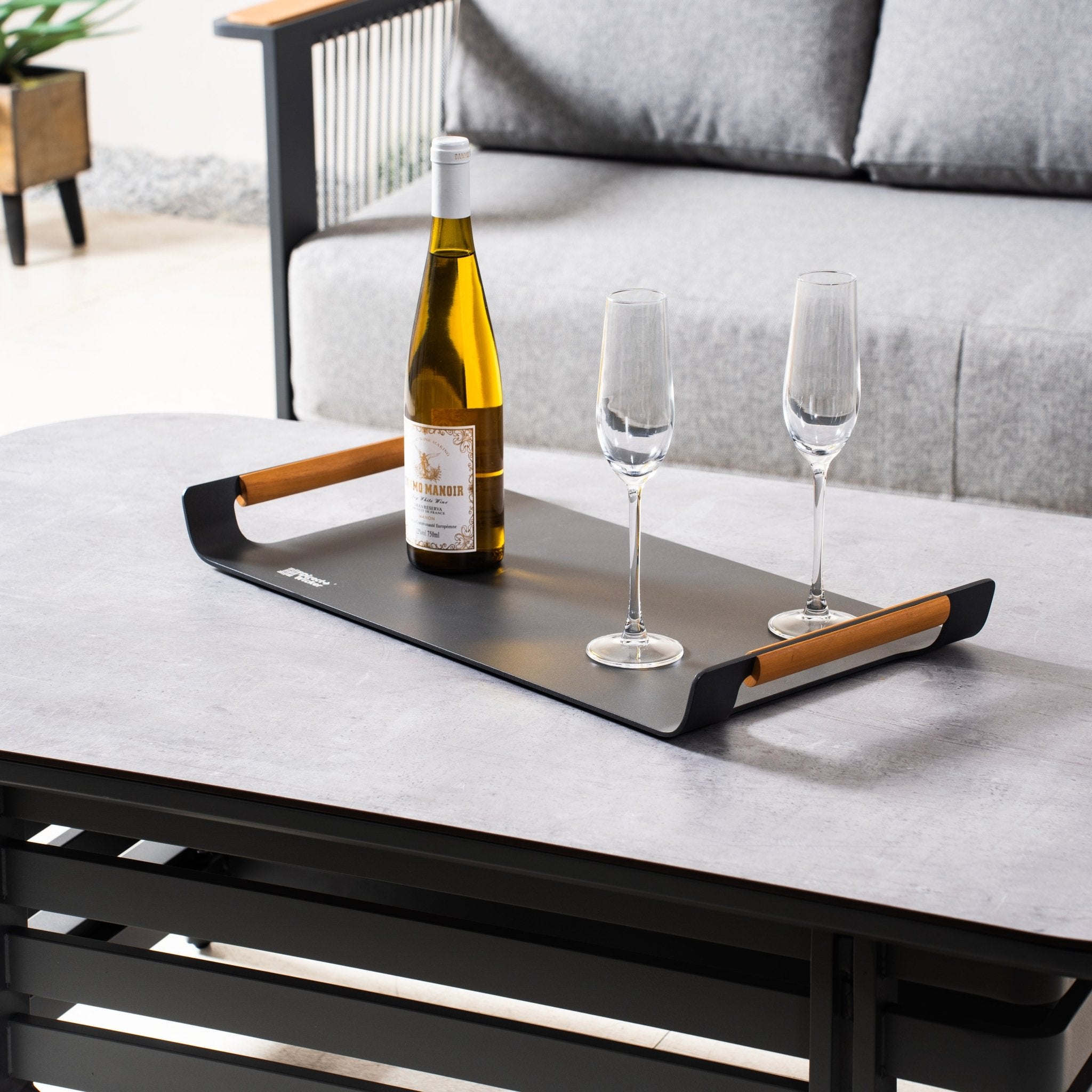 Outdoor Aluminium Serving Tray with Teak Handles - Direct Wicker