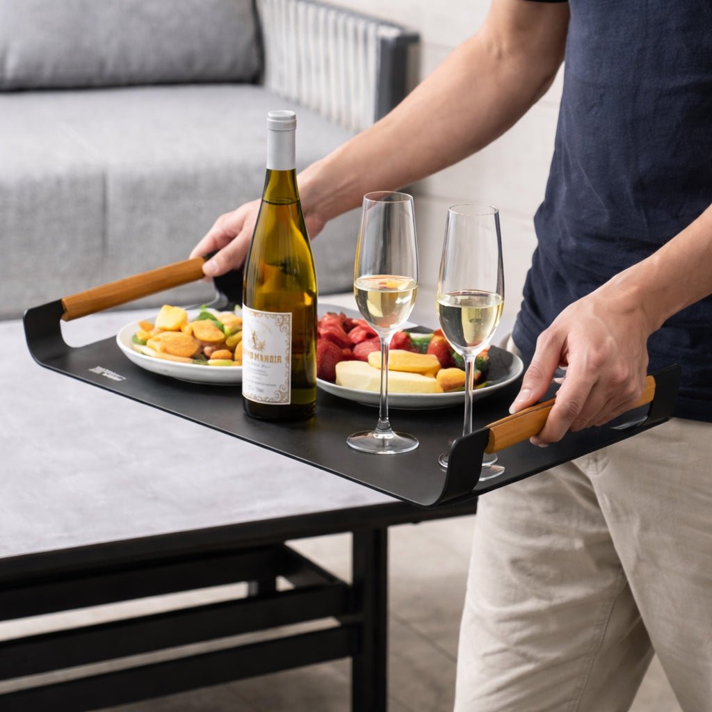 Outdoor Aluminium Serving Tray with Teak Handles - Direct Wicker