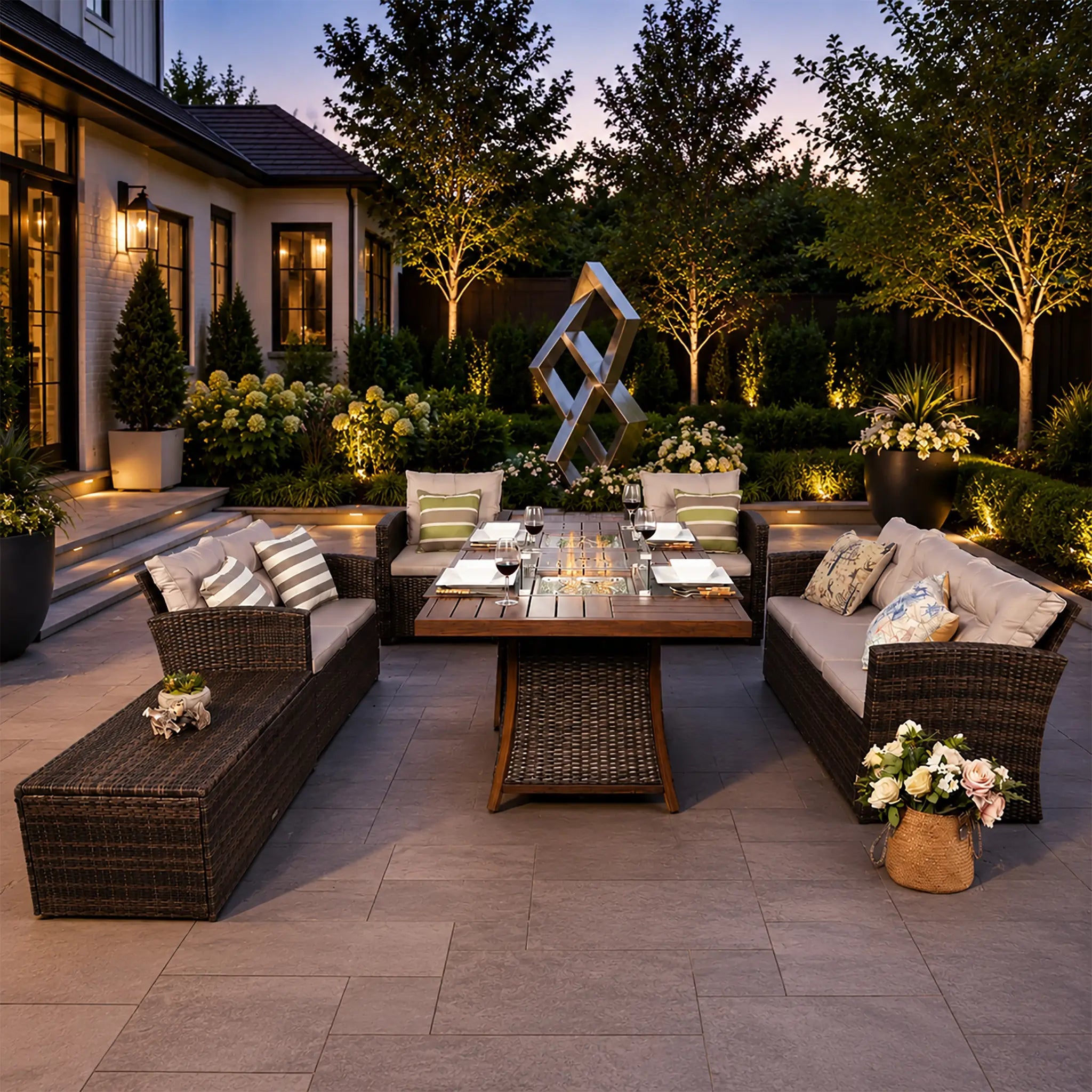 Outdoor Fire Pit Sofa Set with Rectangular Firepit Table (PAS-1503+1106FI) - Direct Wicker