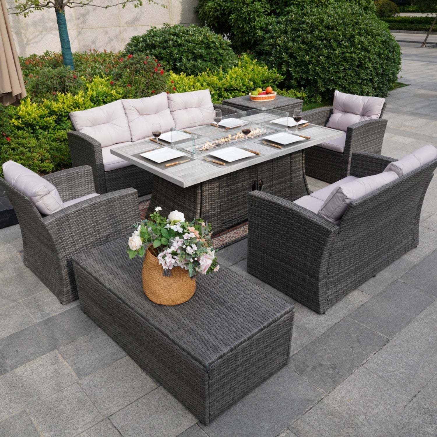 Outdoor Fire Pit Sofa Set with Rectangular Firepit Table (PAS - 1503+1106RA) - Direct Wicker