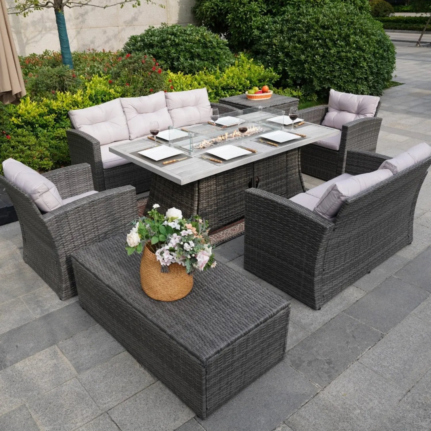 Outdoor Fire Pit Sofa Set with Rectangular Firepit Table (PAS - 1503+1106RA) - Direct Wicker