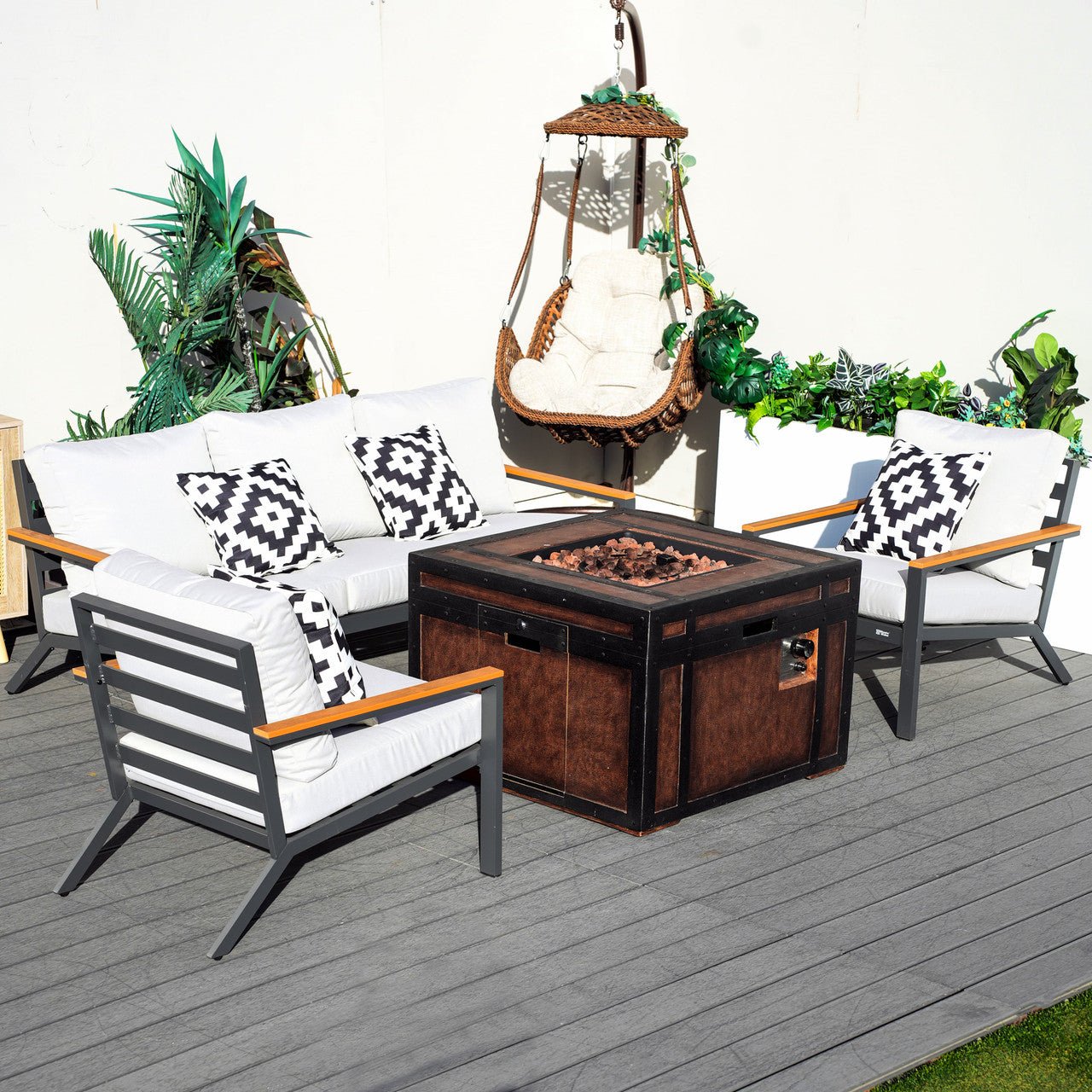 Outdoor Small Space Teak Armrests Exposed Aluminum Pipe Sofa Set (PAS-2481+PAG-2354) - Direct Wicker