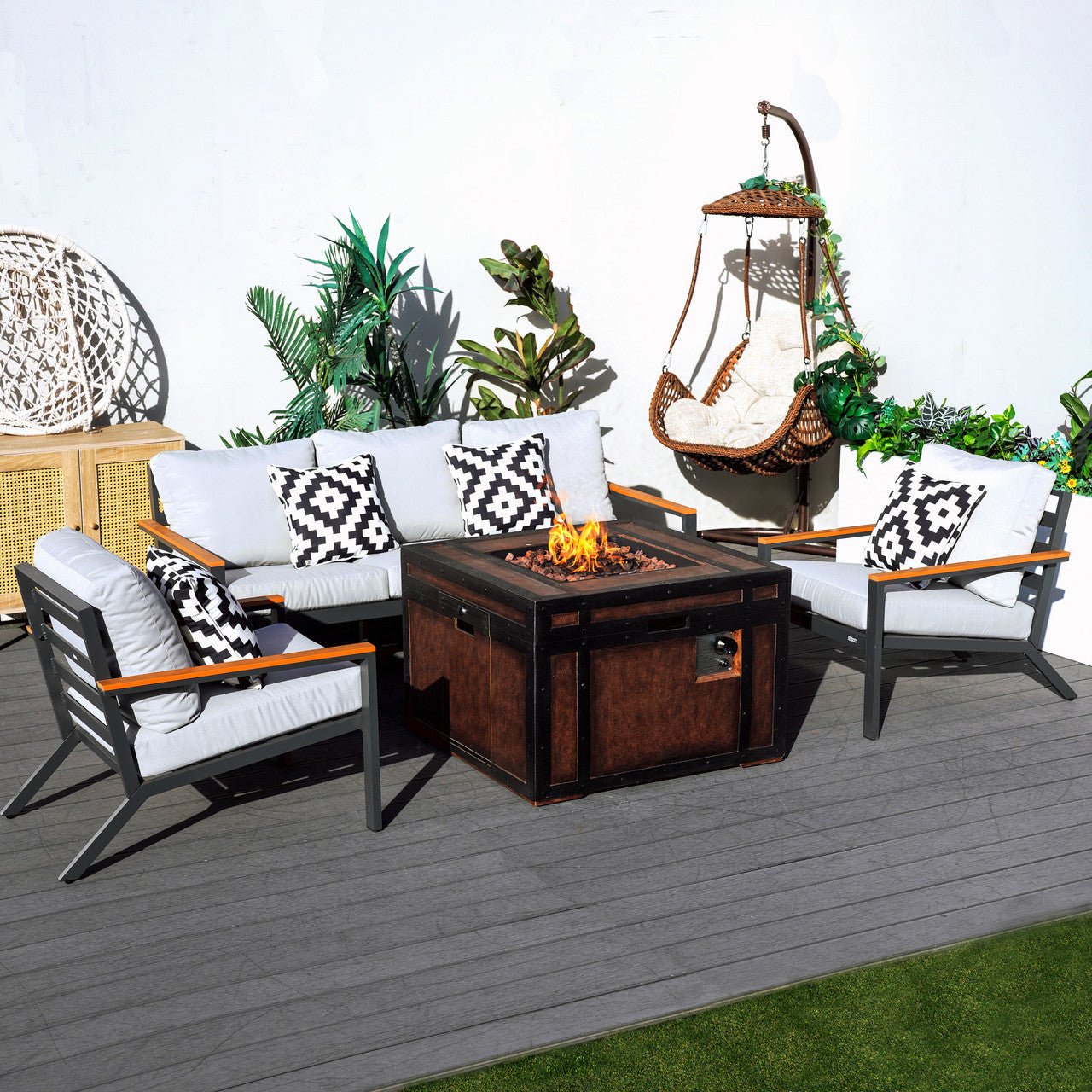Outdoor Small Space Teak Armrests Exposed Aluminum Pipe Sofa Set (PAS-2481+PAG-2354) - Direct Wicker