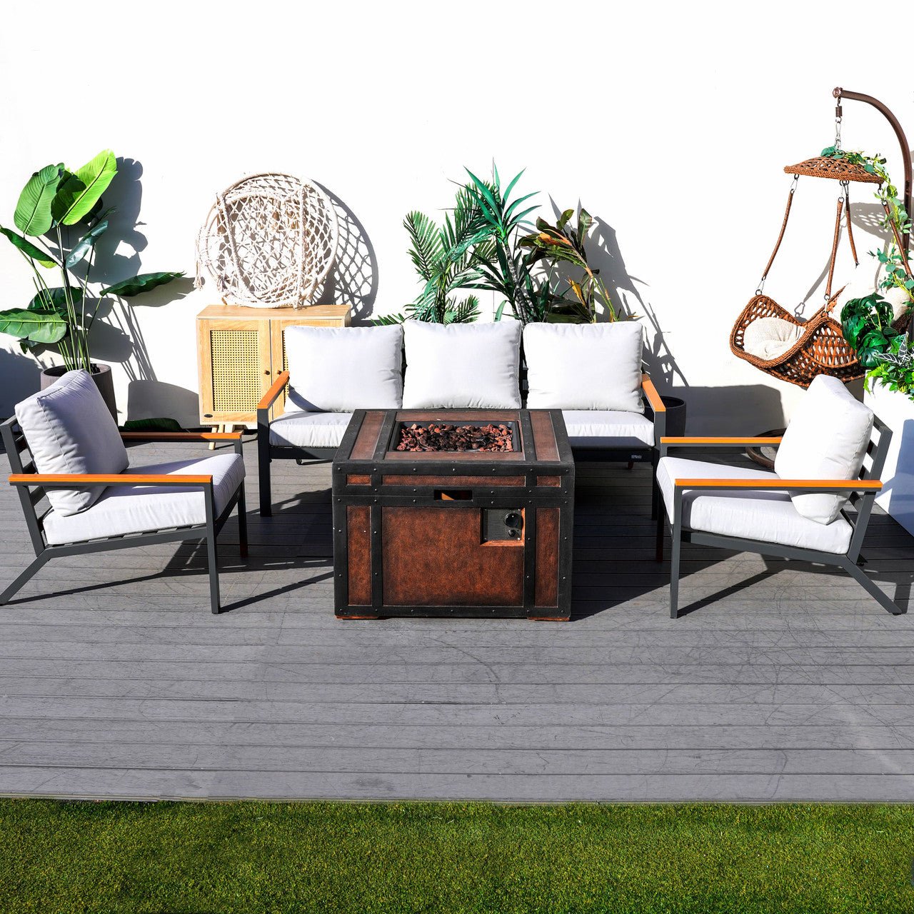 Outdoor Small Space Teak Armrests Exposed Aluminum Pipe Sofa Set (PAS-2481+PAG-2354) - Direct Wicker