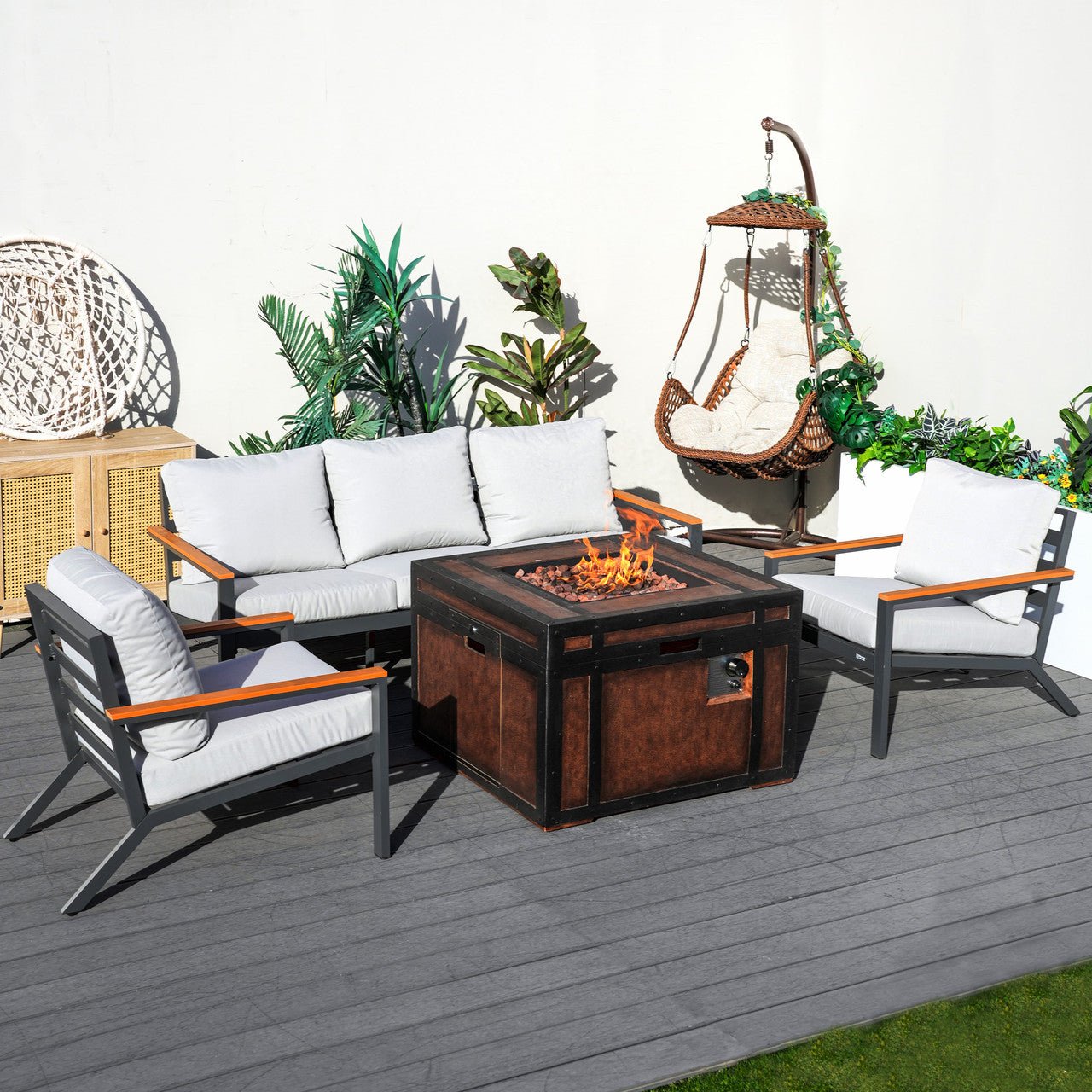 Outdoor Small Space Teak Armrests Exposed Aluminum Pipe Sofa Set (PAS-2481+PAG-2354) - Direct Wicker