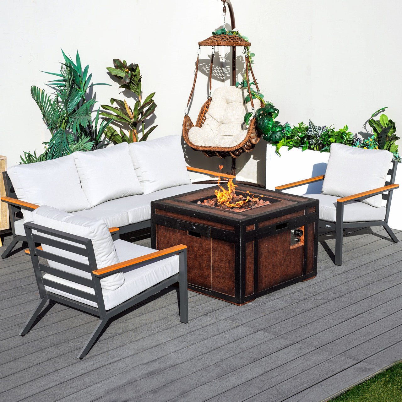Outdoor Small Space Teak Armrests Exposed Aluminum Pipe Sofa Set (PAS-2481+PAG-2354) - Direct Wicker