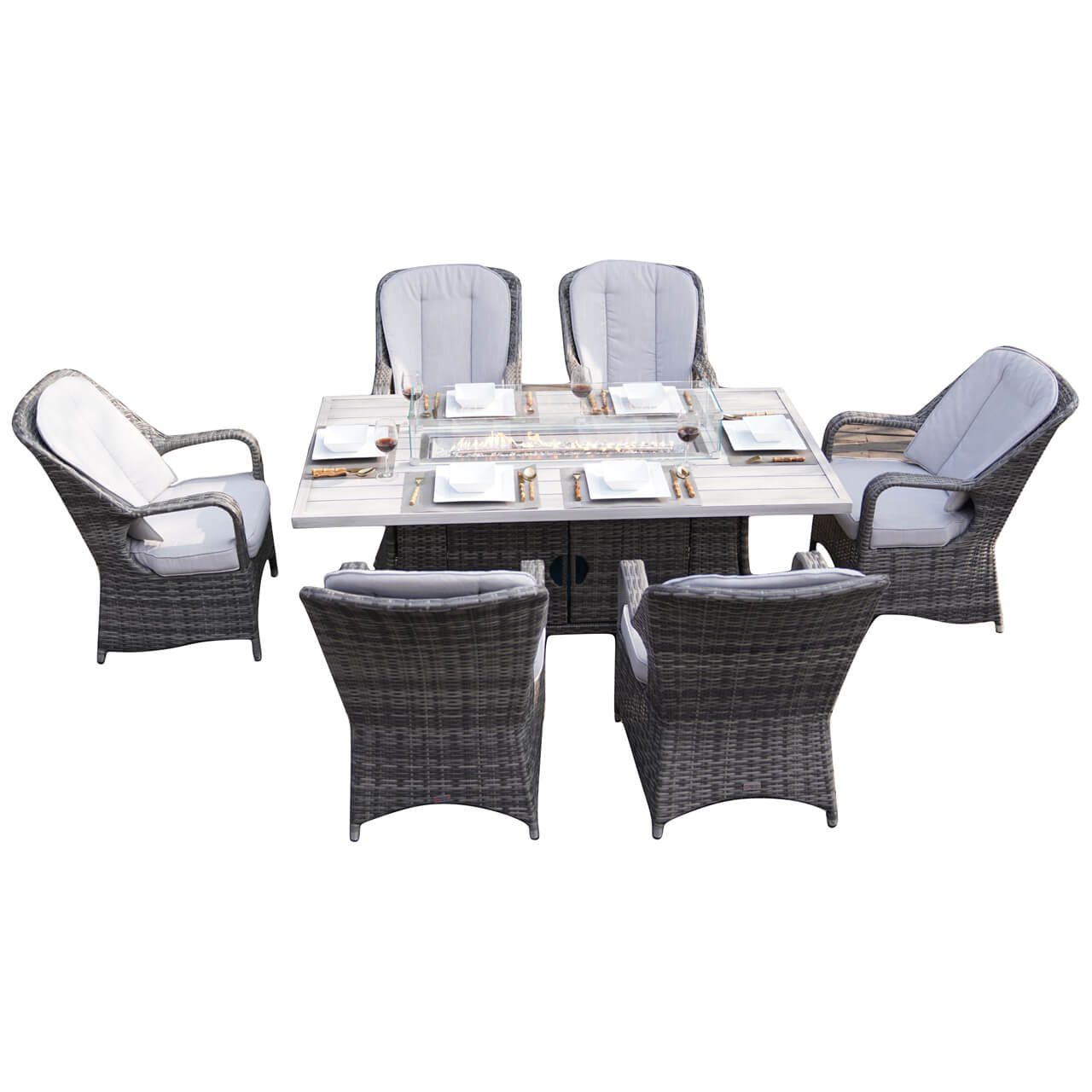 Parma 6-Seat Outdoor Fire Pit Dining Set- Fire Pit Table with Aluminum Tabletop (PAG-1106RA) - Direct Wicker