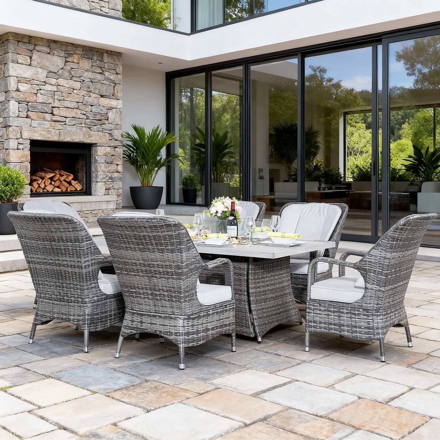 Parma 6-Seat Outdoor Fire Pit Dining Set- Fire Pit Table with Aluminum Tabletop (PAG-1106RA) - Direct Wicker