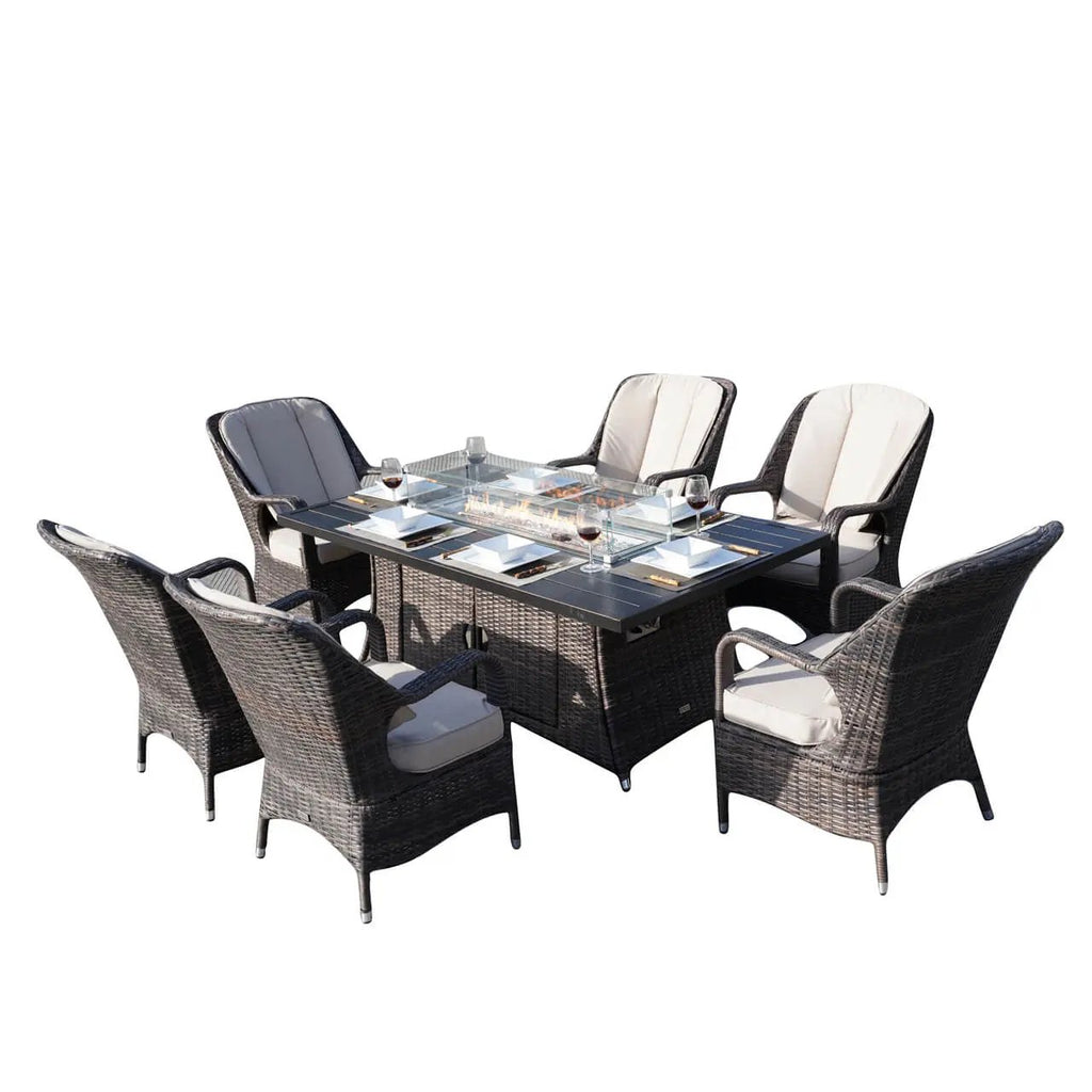 Parma 6-Seat Outdoor Fire Pit Dining Set- Fire Pit Table with Aluminum Tabletop (PAG-1106RA) - Direct Wicker
